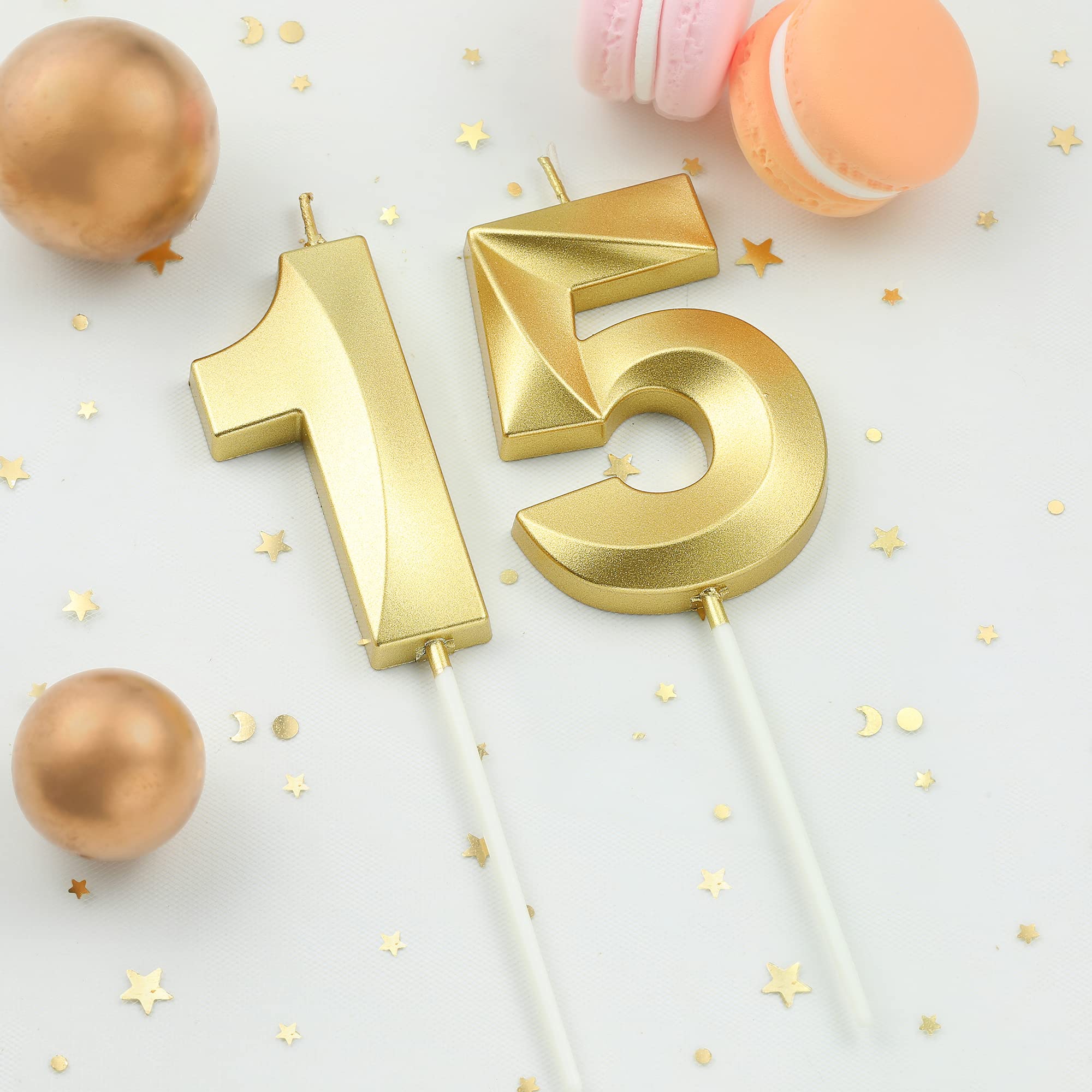2.76 Inch Gold Number 15 Birthday Cake Candles with Diamonds - Elegant Party Decorations for Birthdays, Anniversaries & Celebrations