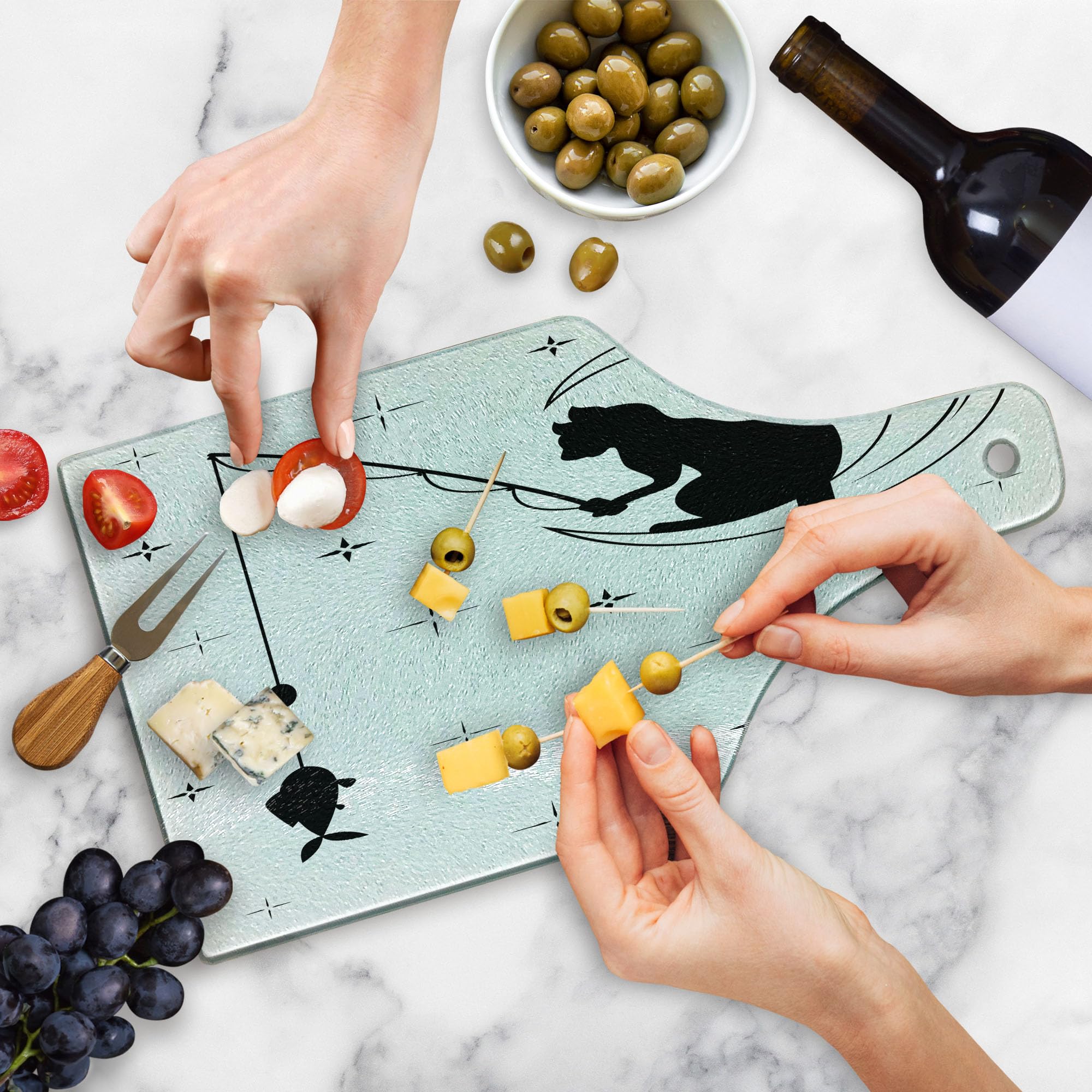 Ambesonne Modern Cat Fishing on Moon Cutting Board - Starry Sky Humor Sketch Art - Tempered Glass Serving Board for Kitchen & Entertaining - Wine Bottle Shape Black White Decorative Chopping Board - Perfect for Cheese Platters, Charcuterie & Wine Pairings