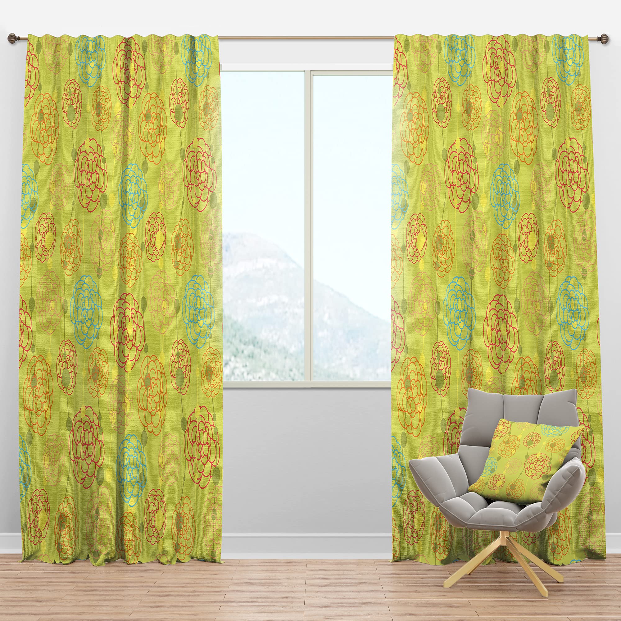DesignQ Blackout Curtains - Thermal Insulated Retro Hand-Drawn Floral Print on Green Fabric - 52x120 Inch Single Panel Window Drapes for Bedroom & Living Room - Perfect for Light Blocking, Privacy & Energy Efficiency