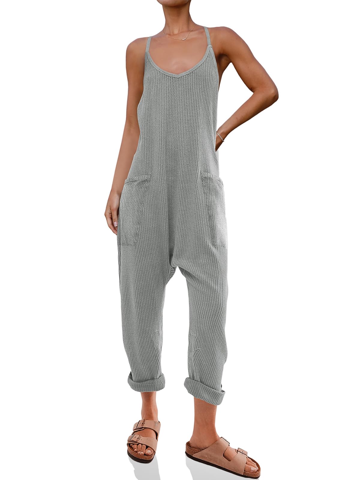 Cicy Bell Women's Casual Sleeveless Waffle Jumpsuit - Loose Fit Knit Romper with Spaghetti Straps & Pockets | Summer Outfits, Beach Cover-Up, Lounge Wear, Travel Essentials