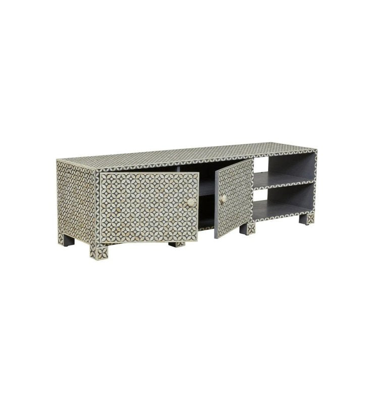 Handmade Bone Inlay Geometric Star TV Stand with 2 Doors and 2 Shelves - Stylish Media Console for Living Room, Bedroom & Home Theater Decor