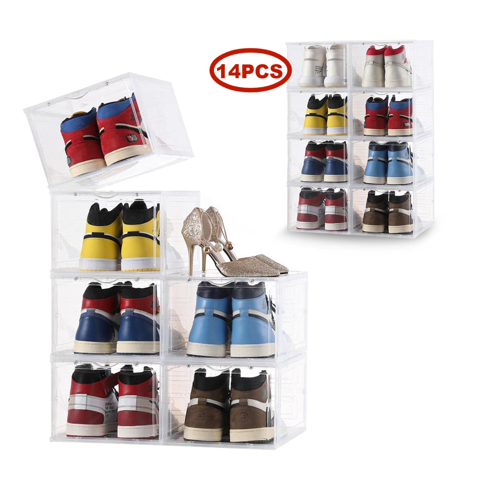 **Clemate 14-Piece Clear Plastic Shoe Storage Boxes with Drop Front & Lids – Stackable Sneaker Organizer for Men & Women (Fits Up to US Size 12) – Perfect for Closet, Bedroom, or Entryway Organization (2022 Upgraded)**
