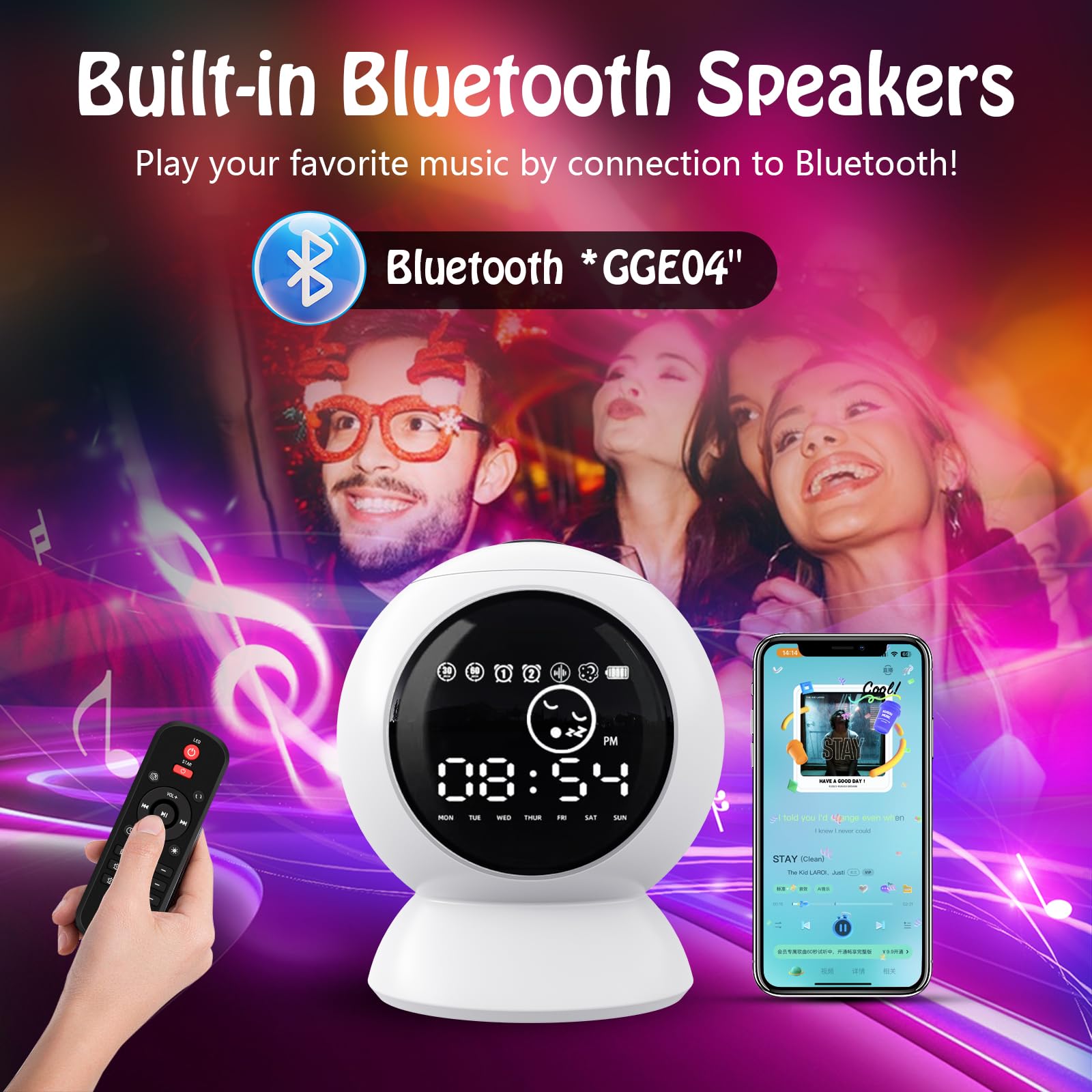 Rechargeable LED Alarm Clock with Star Projector & Bluetooth Speaker - Moon Lamp, White Noise, Timer, Remote Control for Kids Bedroom, Home Decor, Ceiling | Perfect for Relaxation, Sleep Aid & Galaxy-Themed Night Light