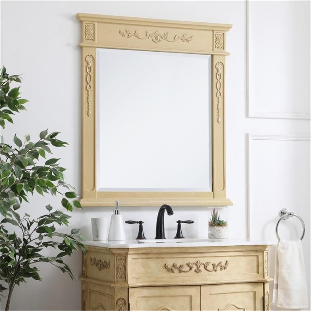 Elegant Decor Danville 36 x 32 Inch Wood Framed Bathroom Mirror in Light Antique Beige - Perfect for Vanity, Powder Room & Modern Farmhouse Decor