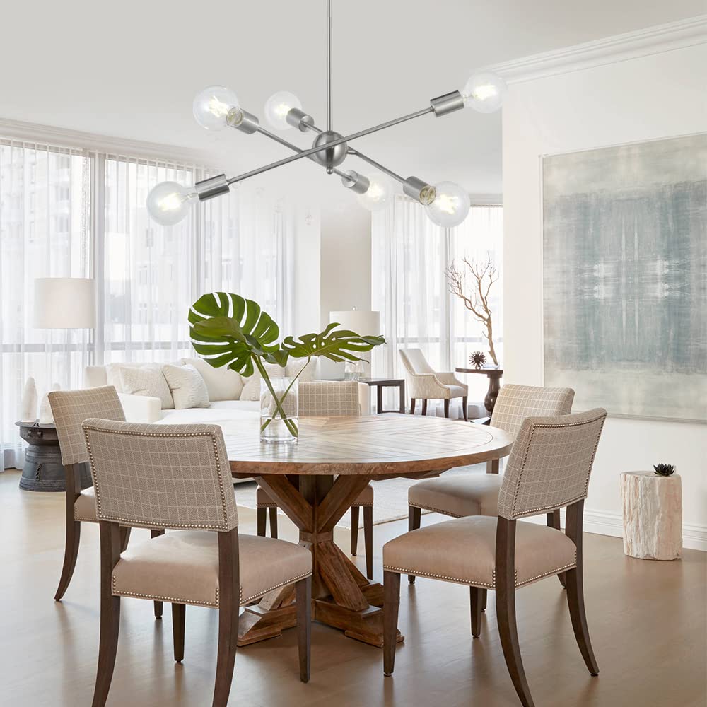BONLICHT Sputnik Chandelier - 6-Light Modern Pendant Lighting Fixture in Brushed Nickel, Mid-Century Flush Mount Ceiling Light, UL Listed - Perfect for Dining Room, Living Room or Bedroom Lighting