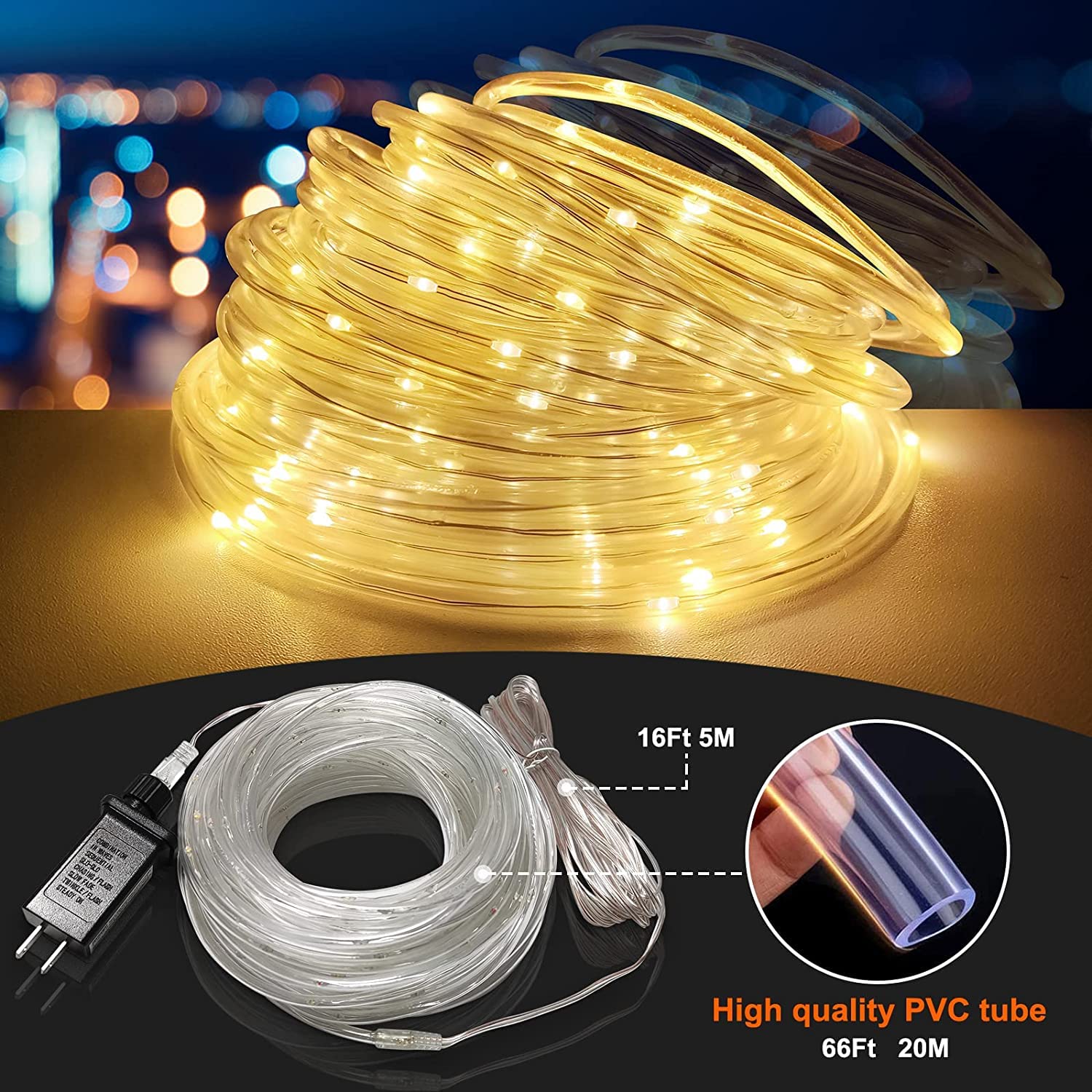 200 LED Waterproof Outdoor Rope Lights - 66Ft Warm White Flexible String Lights for Patio, Pool, Bedroom, Living Room, Landscape & Christmas Tree Decorations - Perfect for Parties, Weddings and Holiday Lighting