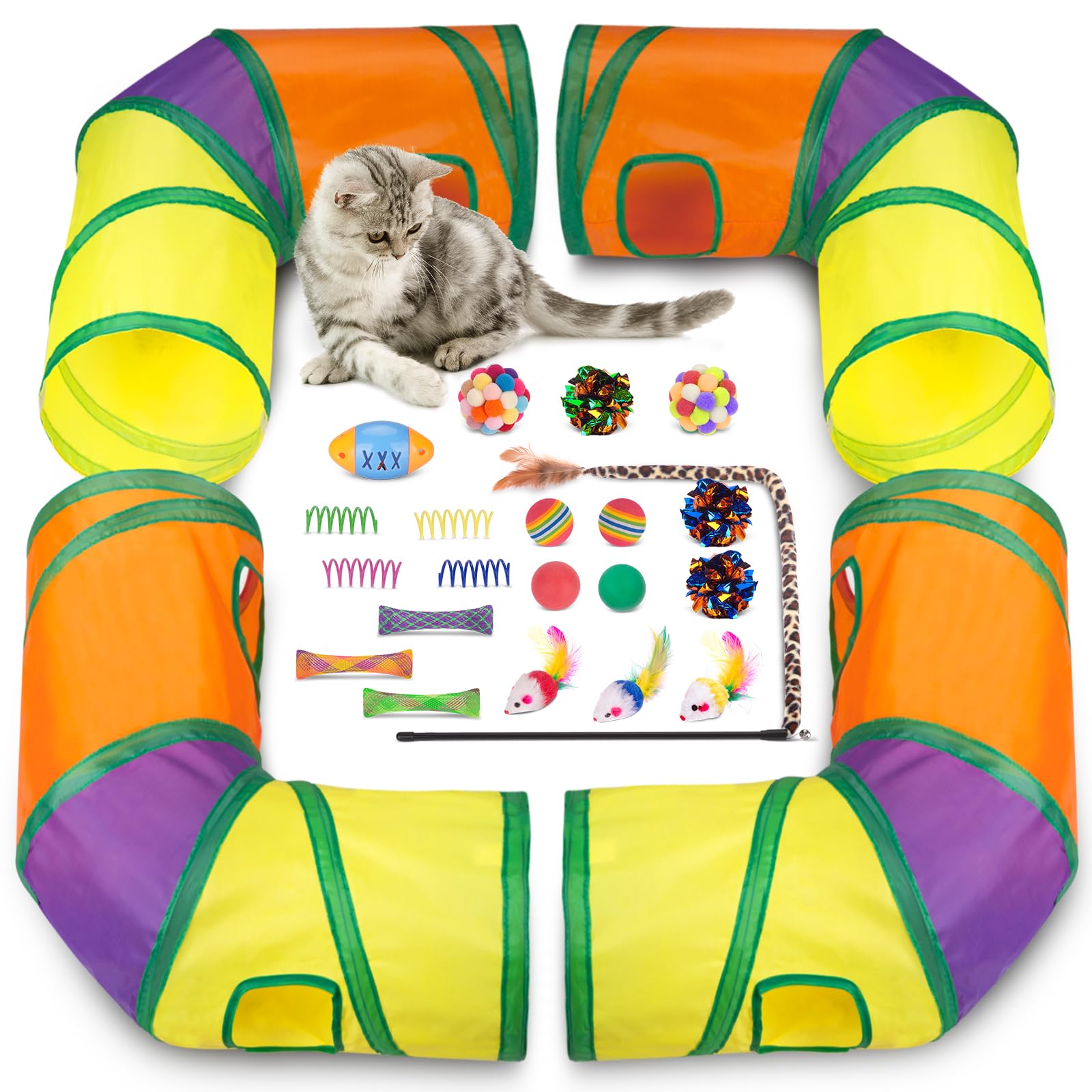 25 Pcs Cat Toys Set: Interactive Feather Teaser Wand, 4 Collapsible Cat Tunnels, Springs, Mouse, Crinkle Toys, Rainbow Football Ball with Bell - Perfect for Indoor Kittens and Cats Playtime