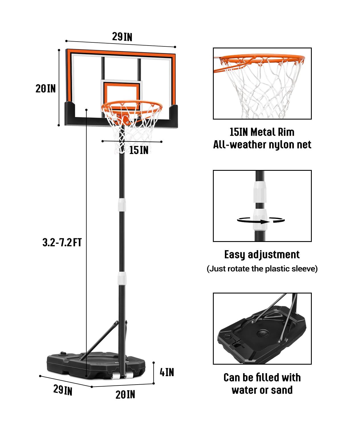 Seray Adjustable Kids Basketball Hoop 3.2-7.2ft - Portable Basketball Goal System for Children, Teens & Youth with 29