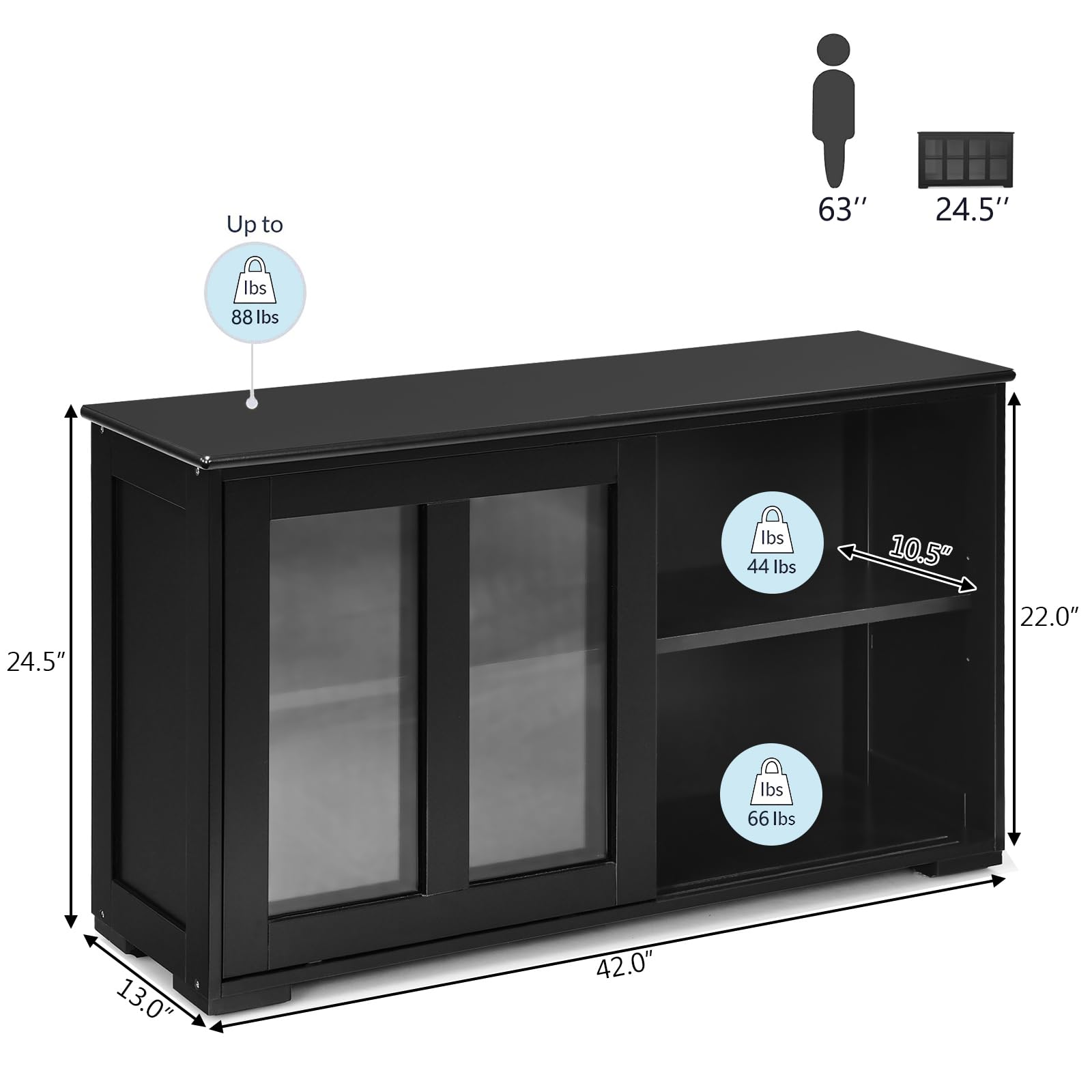 Stackable Sideboard Buffet Cabinet with Adjustable Shelves & Glass Sliding Doors - Wooden Storage Credenza for Kitchen, Dining Room, Living Room & Entryway - Perfect for Coffee Bar Setup, Home Organization & Stylish Storage (Black)