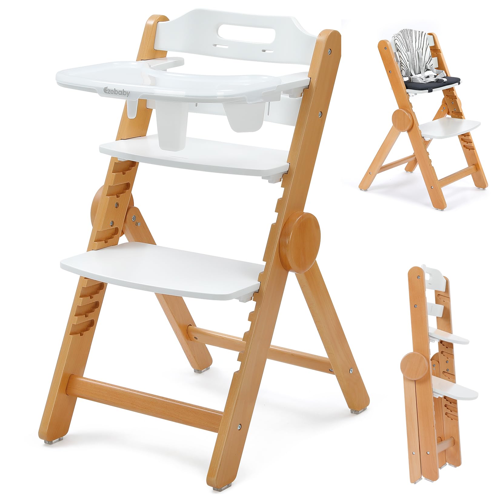 Ezebaby Adjustable Wooden High Chair for Babies & Toddlers - Foldable, Convertible with Cushion & Double Layer Tray - White - Perfect for Dining, Feeding & Learning at Home