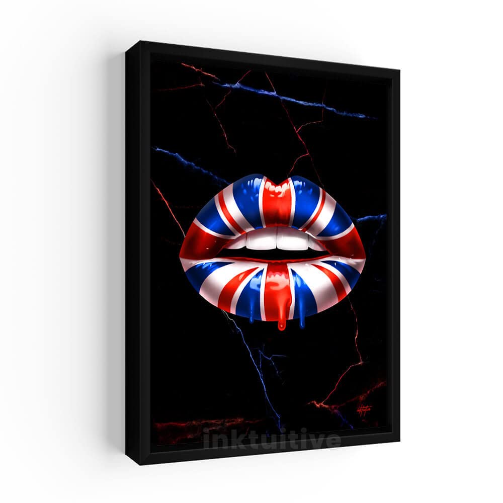 Inktuitive British Kiss Inspirational Lips Canvas Wall Art - Motivational Home & Office Decor - 40x30 Inches Black Framed Poster for Bedroom, Living Room, Office - Perfect for Gifts & Wall Decoration