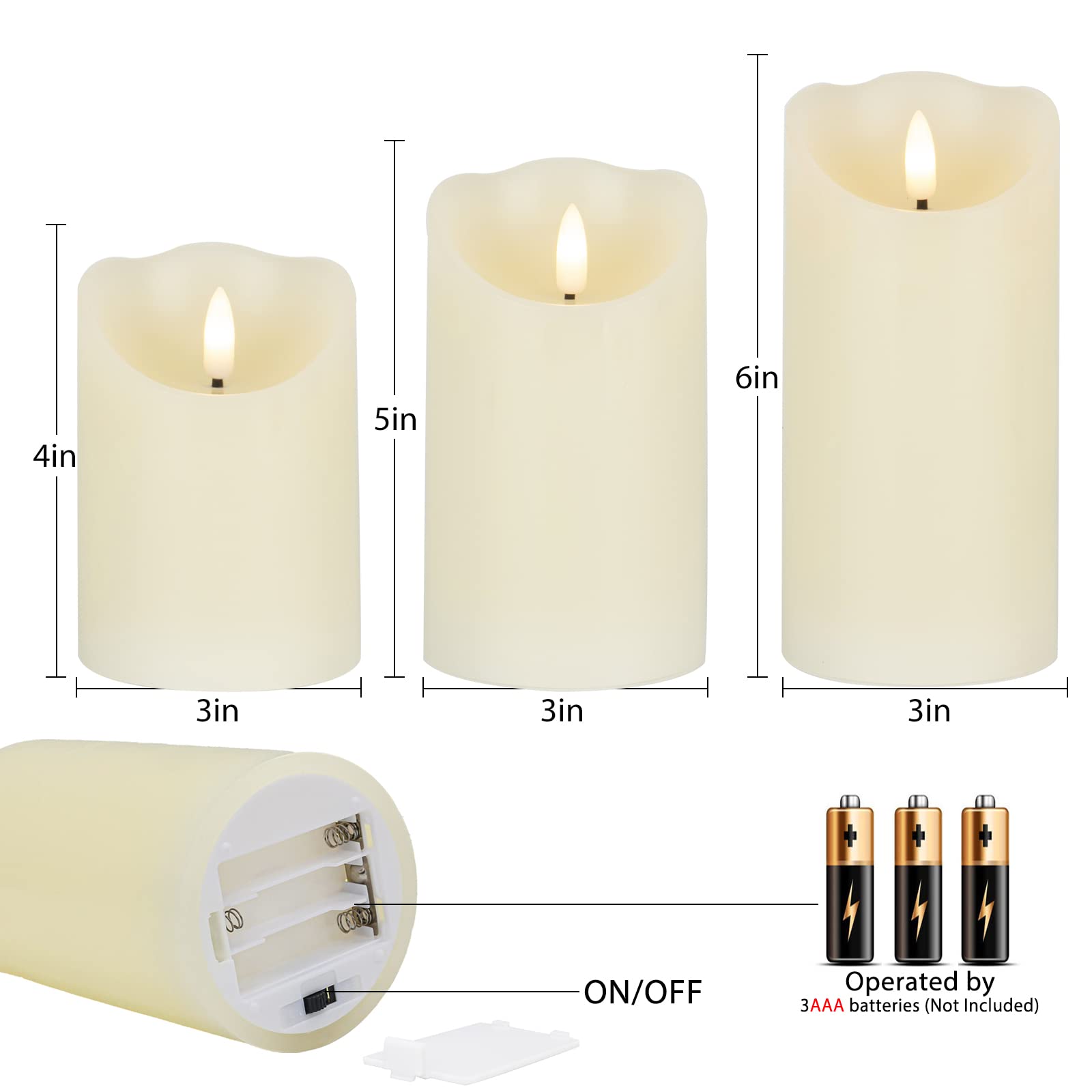 Flameless LED Candles with Remote - Battery Operated Real Wax Electric Candles with Timer & Flickering Flame Effect - Set of 3 Ivory Pillar Candles for Christmas Decor, Wedding Centerpieces, Home Party, and Romantic Ambiance