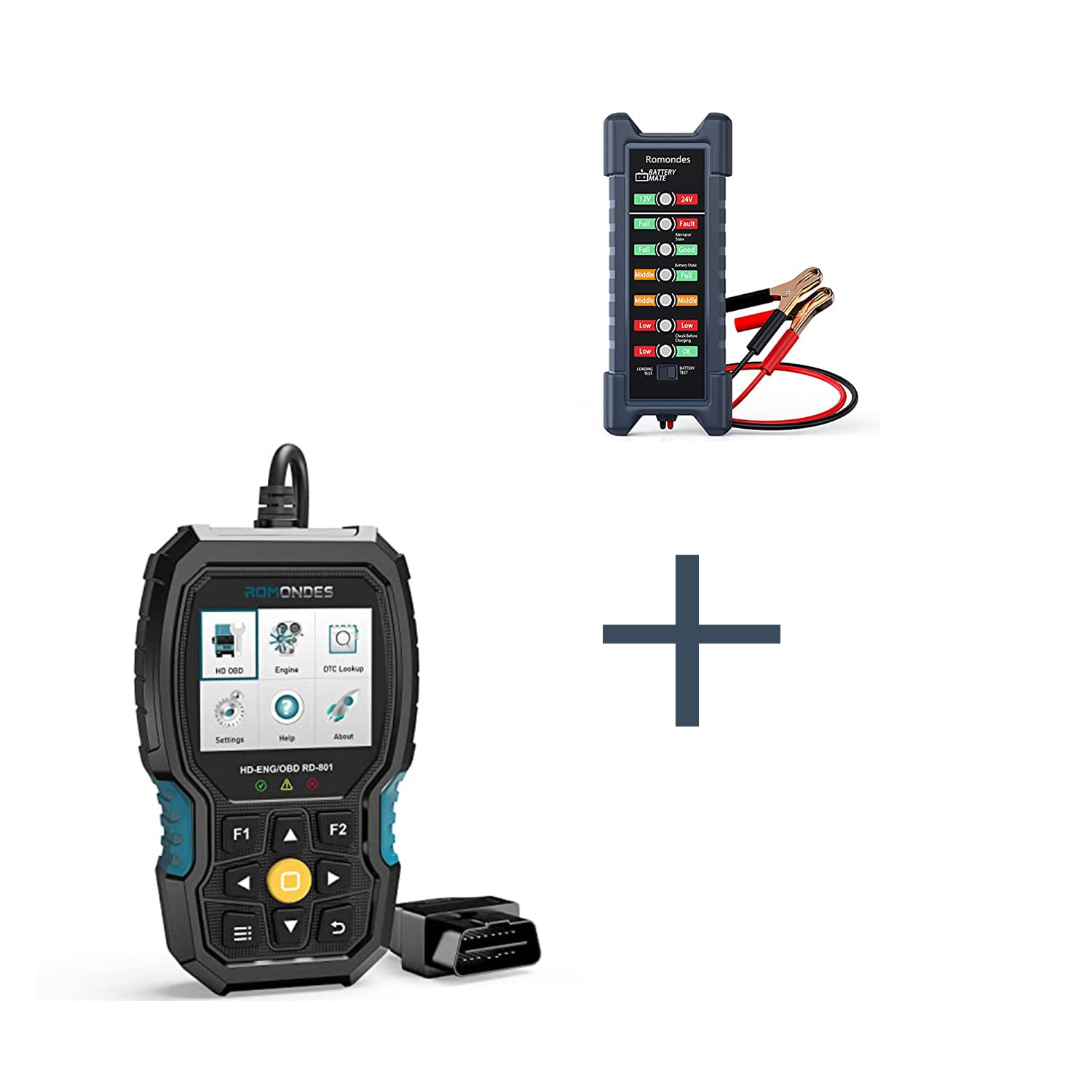 Romondes RD801 OBD2/EOBD+ HDOBD Truck Diagnostic Scanner with BS100 12V/24V Battery Tester - Professional Car & Truck Code Reader for Engine Diagnostics & Battery Health Check - Perfect for Mechanics & DIY Auto Repair