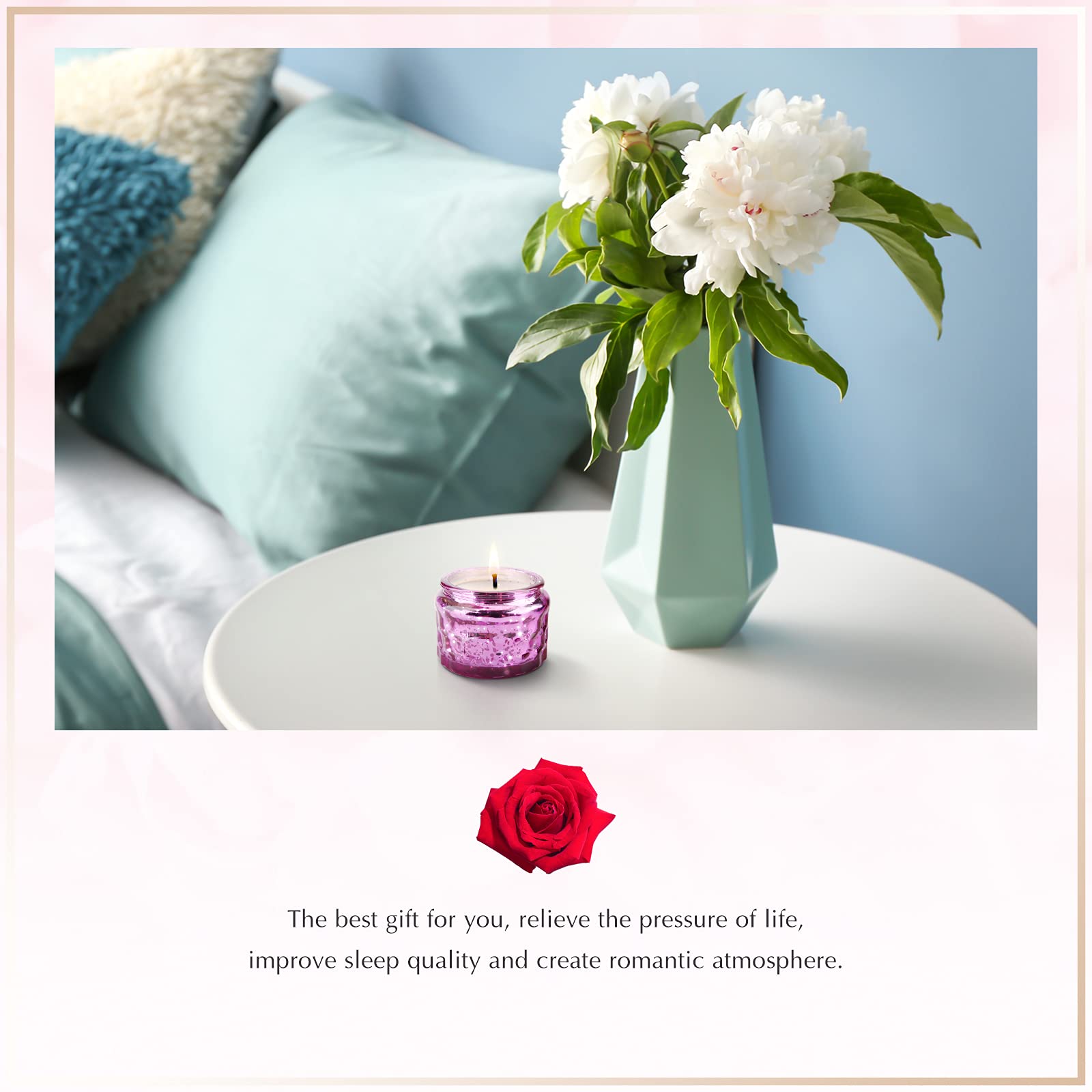 Romantic Sage & Sea Salt Scented Soy Candle with Essential Oils - 100% Natural Smokeless Aromatherapy Candle for Sleep Relief (Rose Scent) - Perfect for Bedroom Relaxation, Spa Nights & Stress Relief