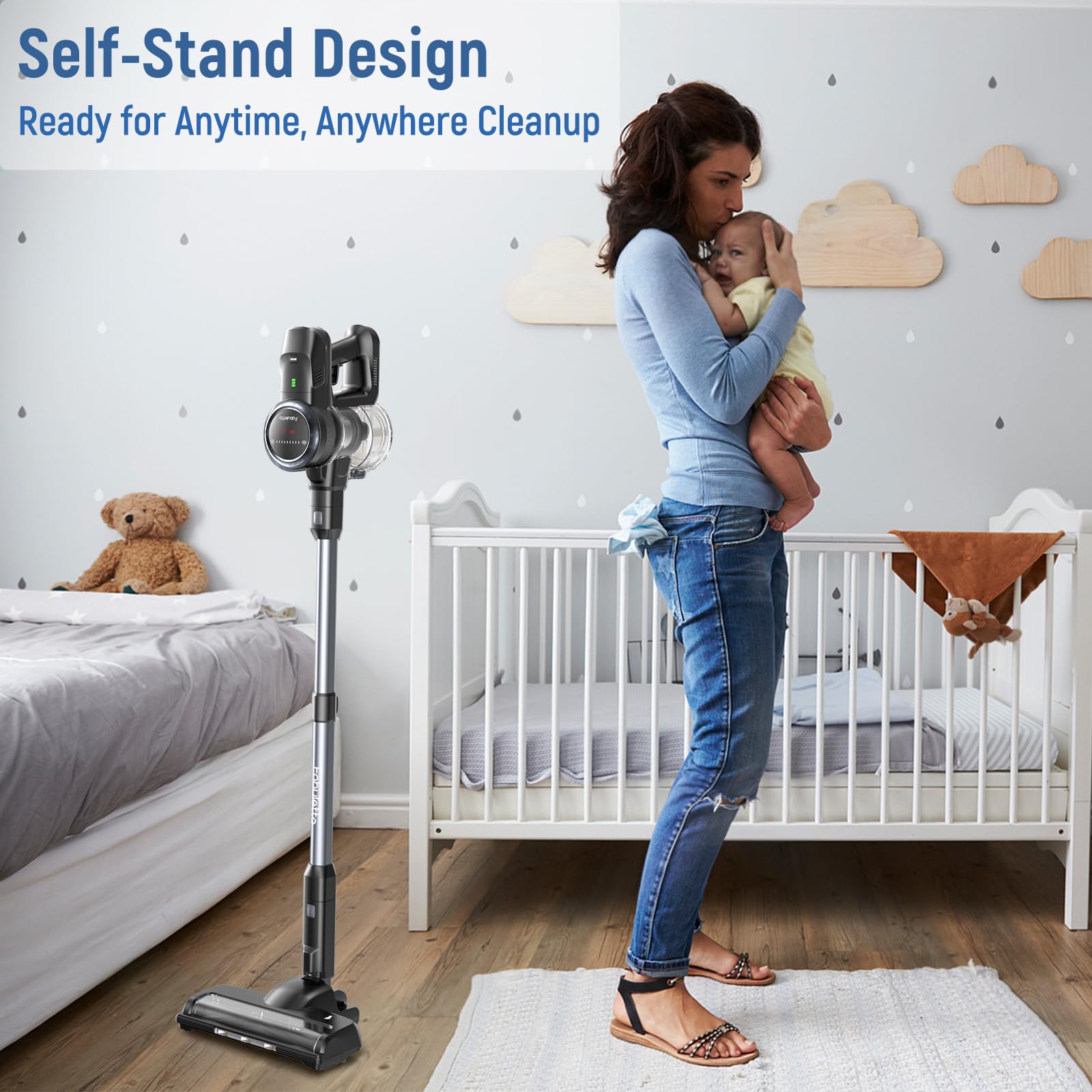 FABULETTA Cordless Vacuum Cleaner - 35KPa Powerful Suction, 50 Min Runtime, Self-Standing, 5-Layer Filtration, Anti-Tangle Brush, LED Display - Lightweight Stick Vac for Hardwood Floors, Carpets & Pet Hair Cleaning