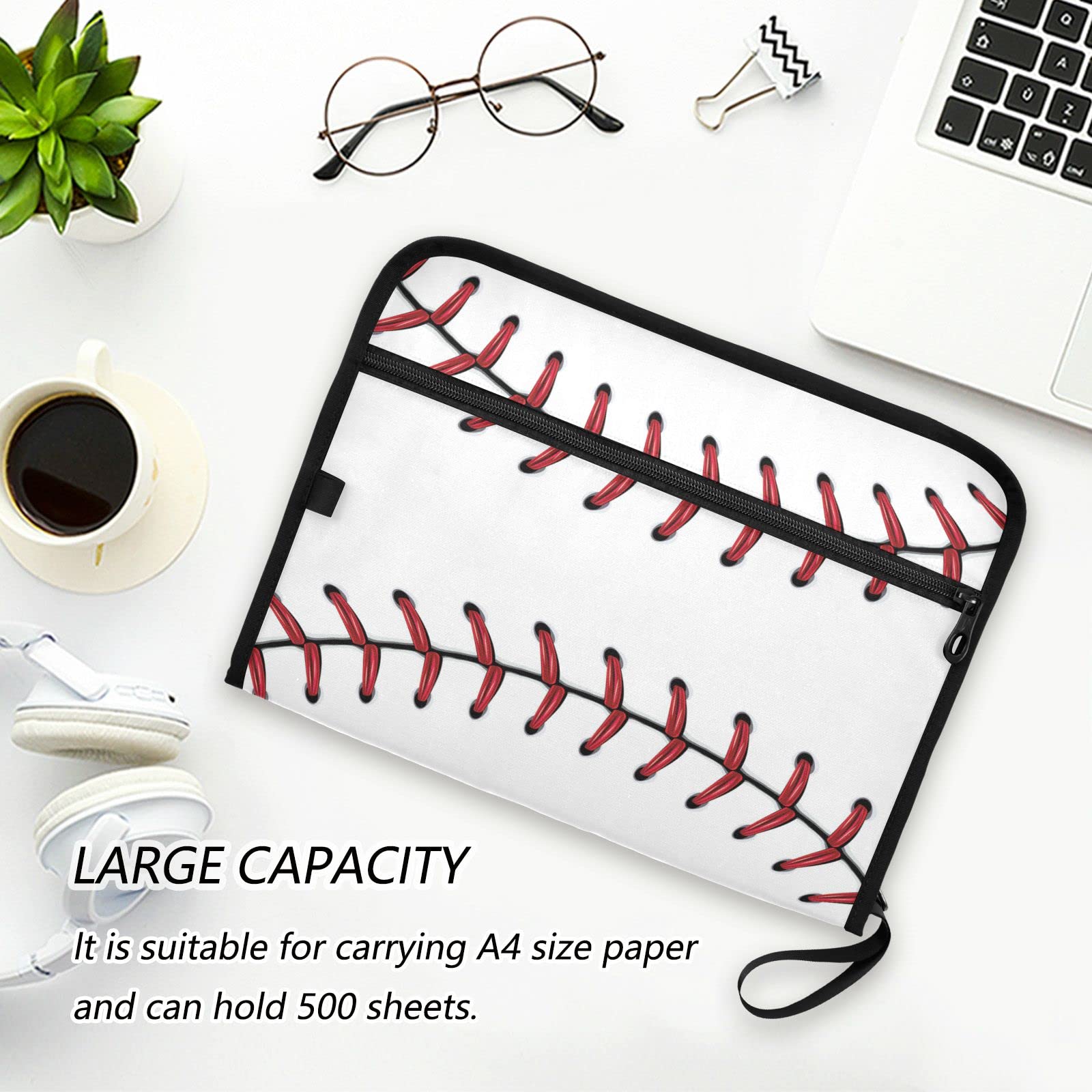 Kcldeci 13-Pocket Expanding File Folder - Red Baseball Pattern Accordion Organizer with Zipper Closure for A4/Legal Documents | Perfect for Office, School & Home Organization