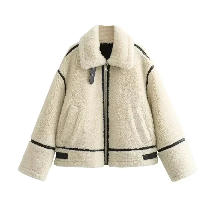 Women's Faux Fur Jacket with Zipper - Warm Winter Coat Long Sleeve Lapel Outerwear for Cold Weather | Cozy Casual Style for Fall and Winter Outfits, Office Wear, Date Nights and Outdoor Activities