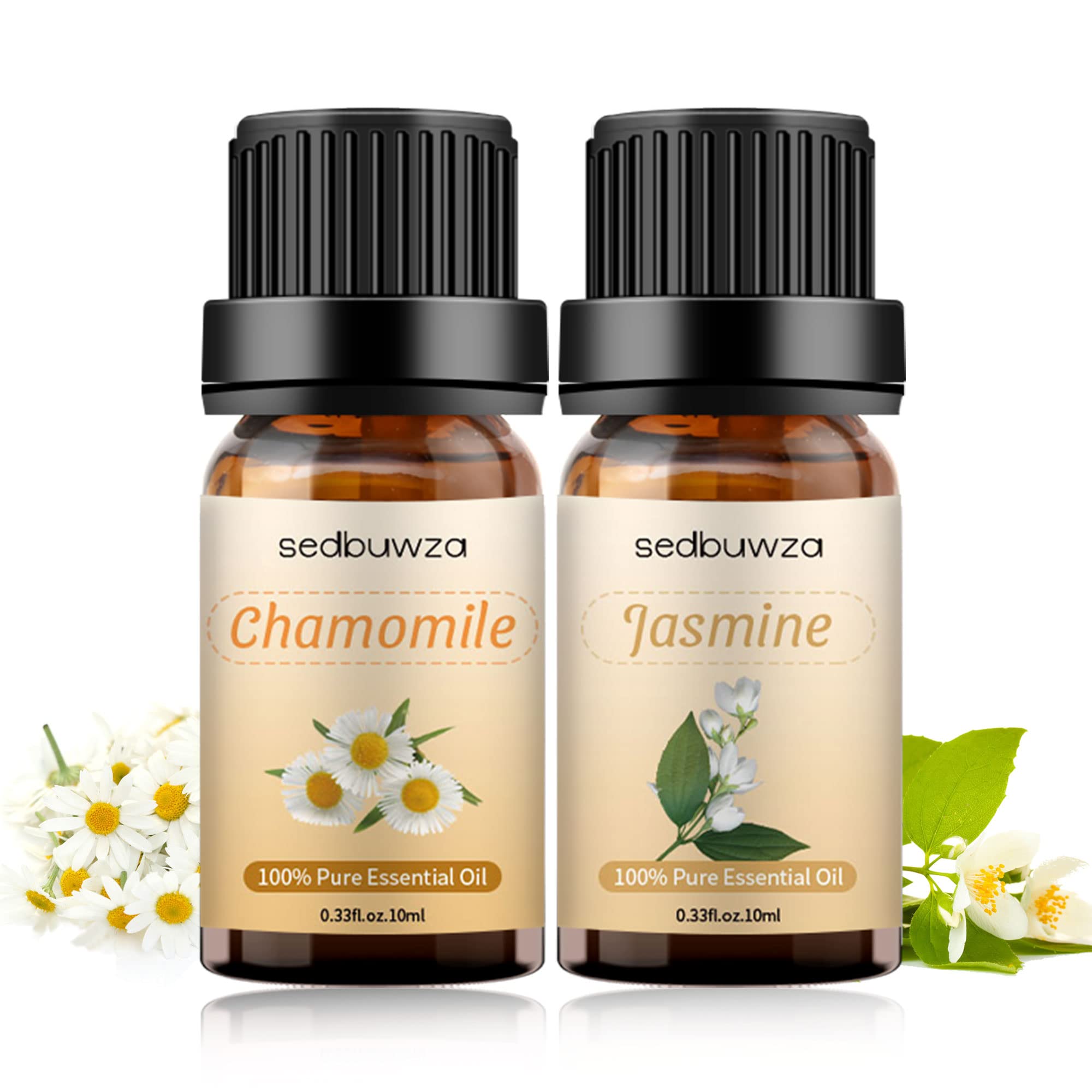Organic 100% Pure Chamomile & Jasmine Essential Oil Set - Undiluted, Natural Aromatherapy Oils for Diffusers, Massage, Relaxation & Stress Relief - 10ml x 2 Bottles Gift Pack (Chamomile + Jasmine) - Perfect for Spa, Yoga, Meditation & Home Fragrance