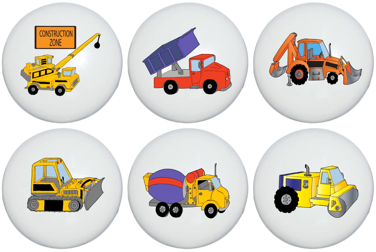 Ceramic Construction Truck Drawer Pulls - Set of 6 Cabinet Knobs for Boys Room Decor | Durable Kids' Furniture Hardware for Bedroom, Playroom & Nursery