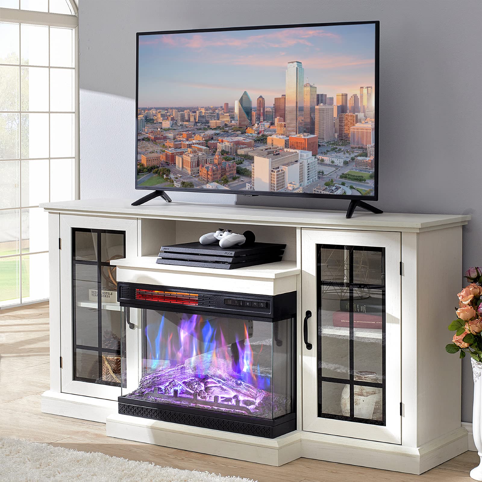 AMERLIFE 65 Inch 3-Sided Glass Fireplace TV Stand - 12 Color LED Media Console with Storage Doors - Rustic White Entertainment Center for Living Room, Bedroom & Home Theater