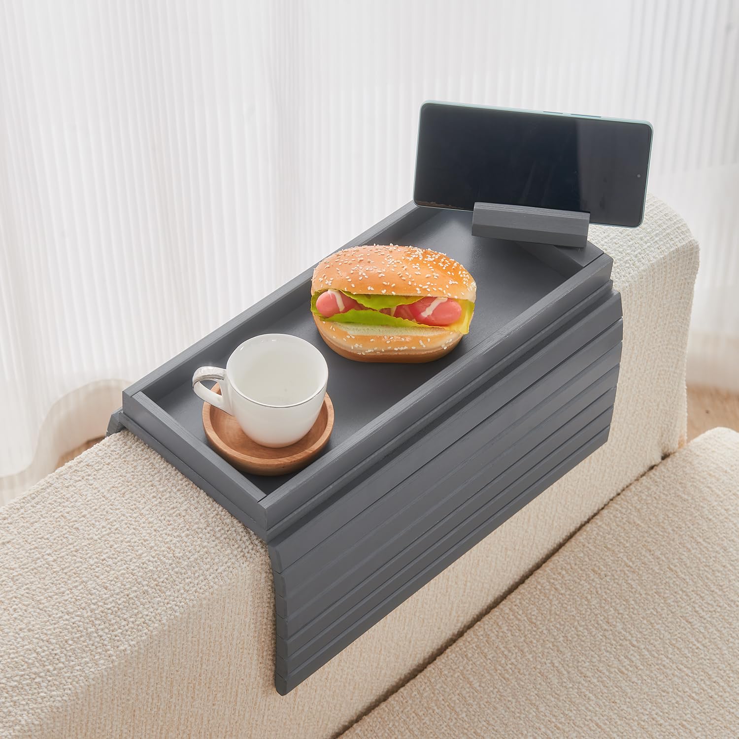 360° Rotating Bamboo Sofa Arm Tray - Foldable Side Table with Cup Holder for Snacks & Drinks - Perfect for Living Room Relaxation