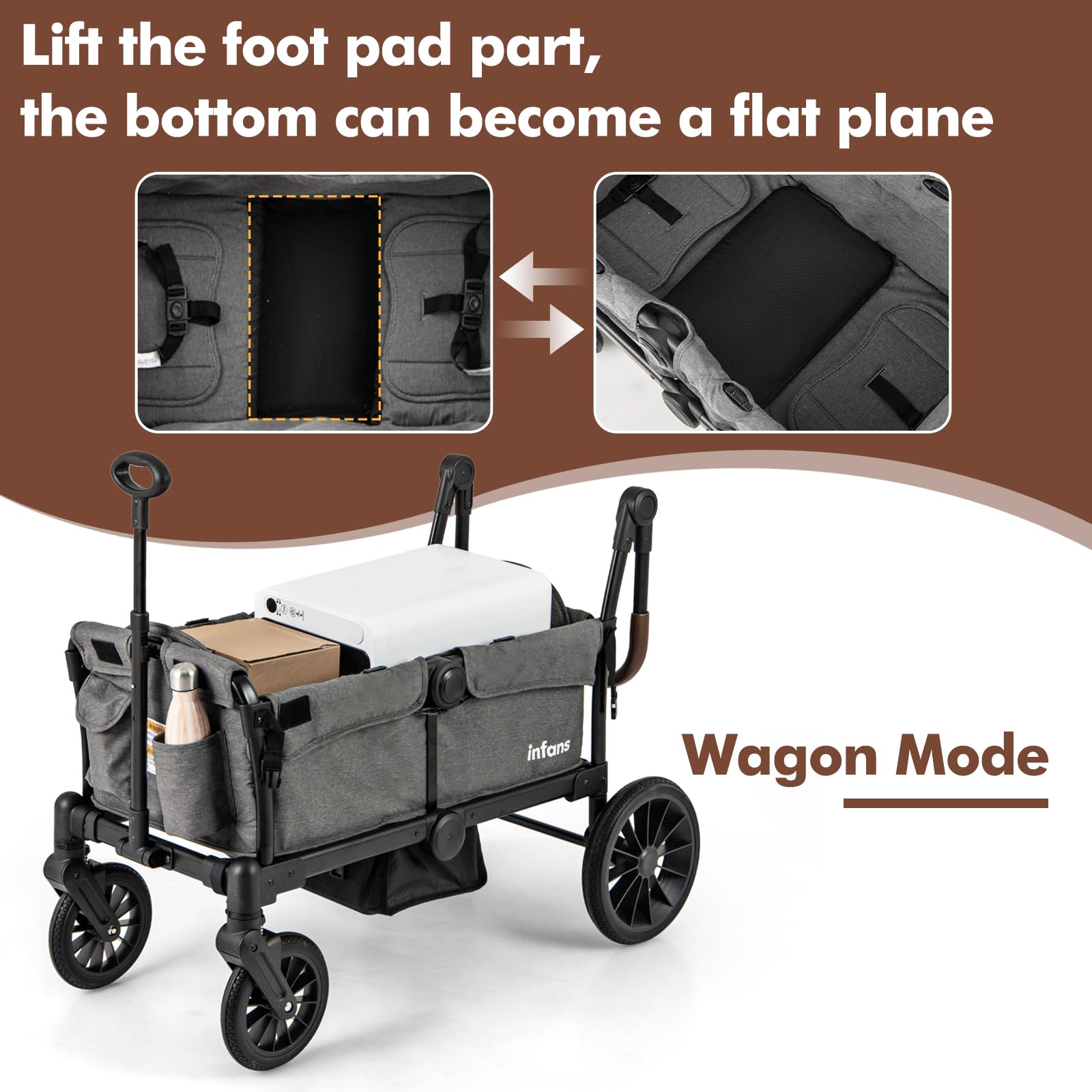 **INFANS 2-in-1 Collapsible Stroller Wagon for Kids – Adjustable Push/Pull Handle, Removable Canopy & Snack Tray, Padded Seats & Drop-Down Footwell – Perfect for Beach, Park, and Family Outings**