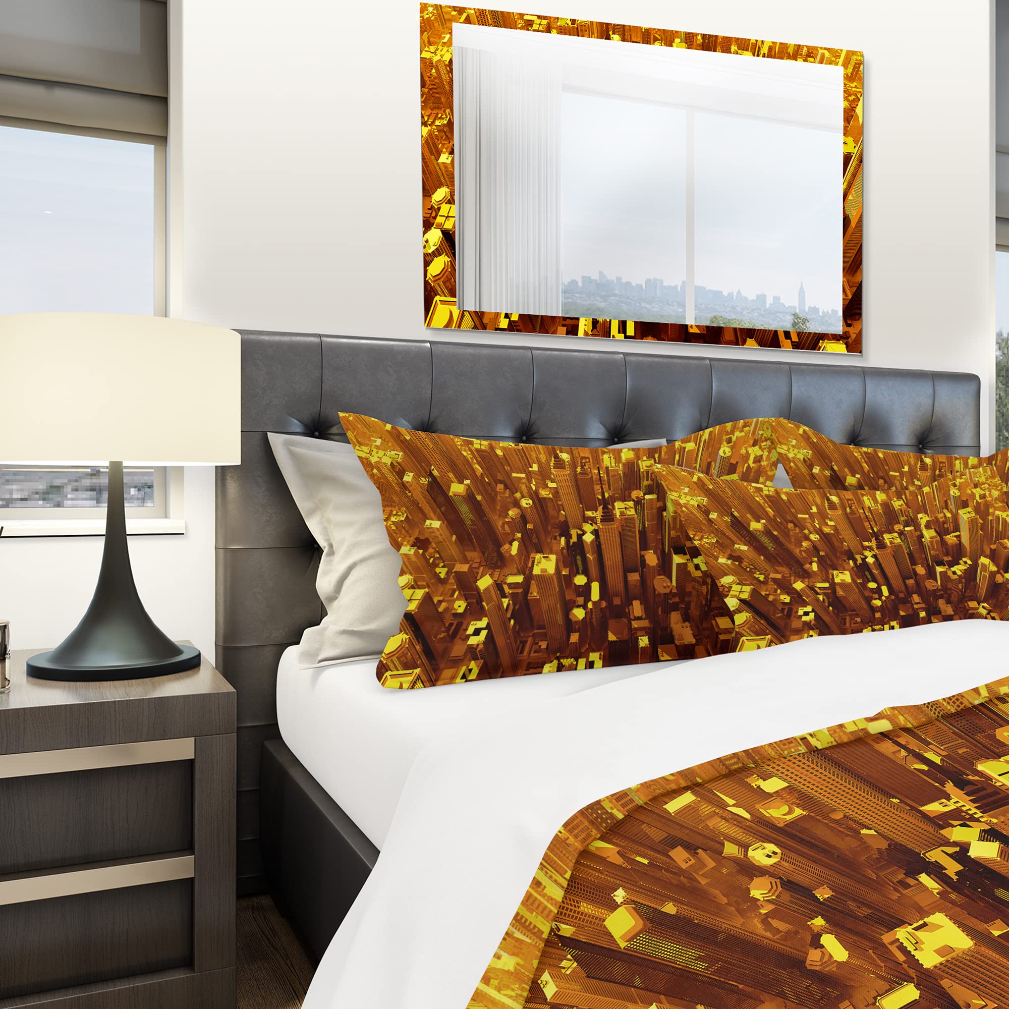 DesignQ 'Golden City from The Sky' Modern Contemporary Duvet Cover Set - King Size Bedding with Zipper Closure - Luxury Hotel Style Bedroom Decor for Master Bedroom & Guest Room