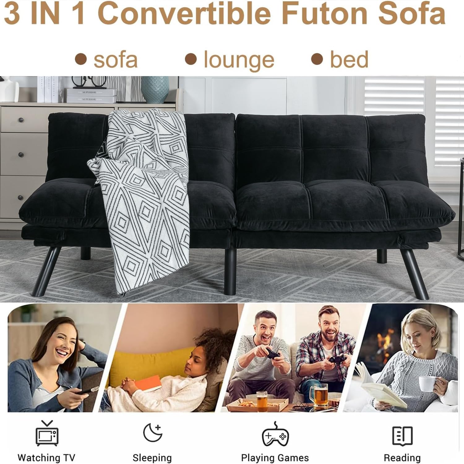 Convertible Futon Sofa Bed - Foldable Breathable Small Couch for Compact Spaces | Perfect for Studio Apartments, Living Rooms, Bedrooms, Offices & Dorm Rooms | Multi-Functional Loveseat (Black) - Great for Guest Sleeping, Relaxing & Small Space Living