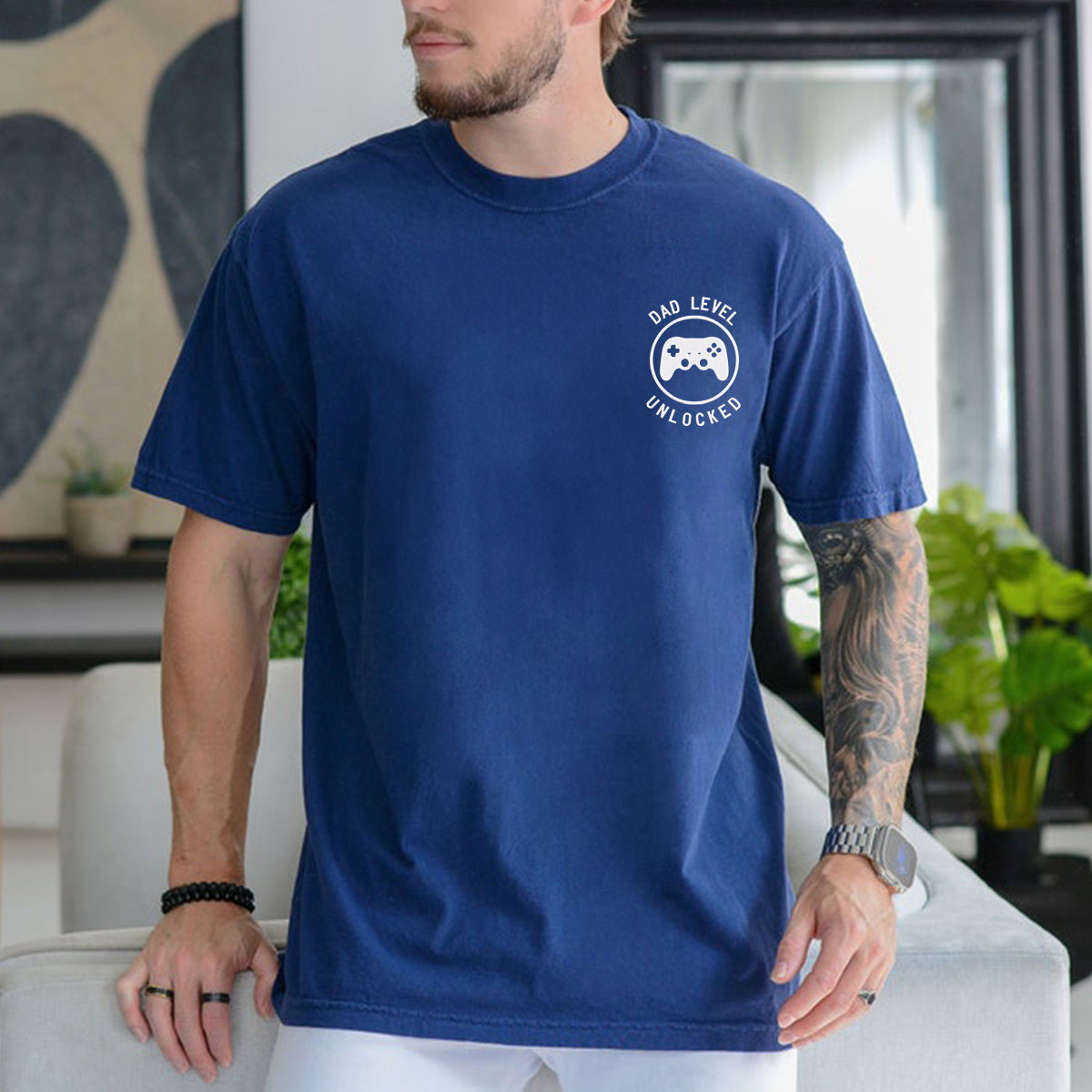 Comfort Color® Embroidered Dad Level Unlocked T-Shirt - Soft Cotton Casual Tee for Fathers Day, Family Outings & Relaxing at Home