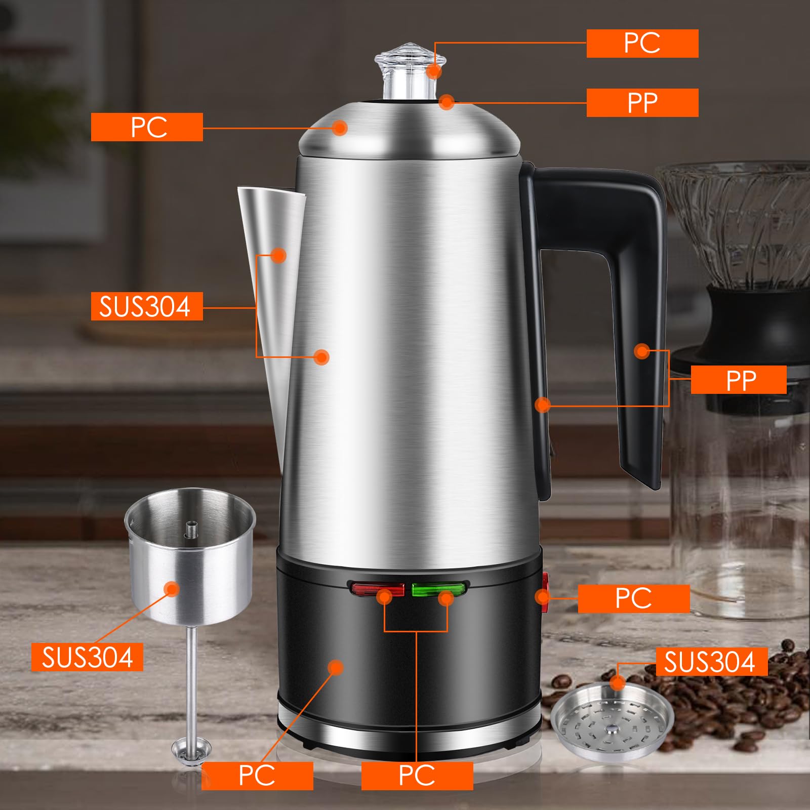 HOMOKUS 12-Cup Electric Coffee Percolator - 800W Stainless Steel Coffee Maker with Auto Keep Warm, Cool-Touch Handle & Clear Knob - Perfect for Home, Office, Camping & Outdoor Use