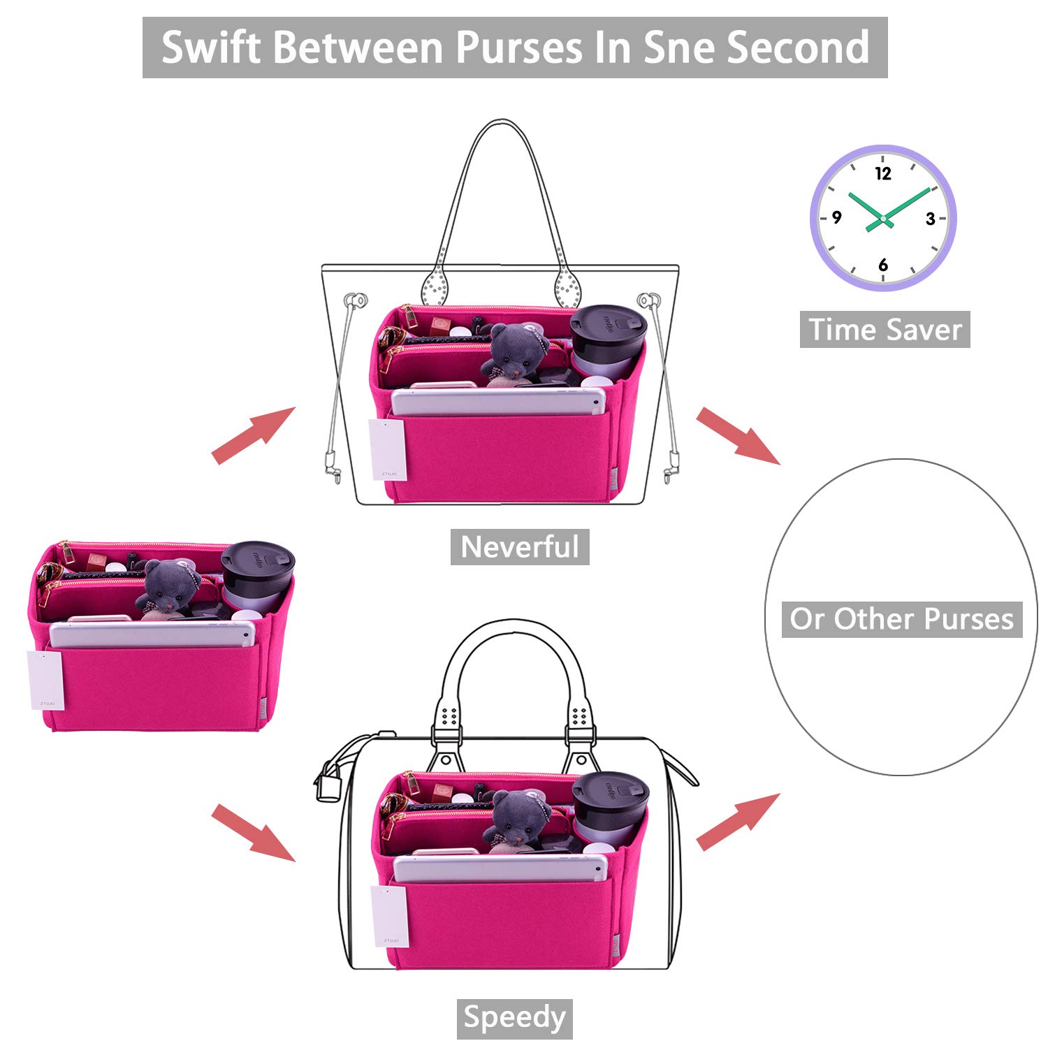 ZTUJO Felt Purse Organizer Insert for Louis Vuitton Speedy, Neverfull, Graceful & Tote Bags - Handbag Shaper & Storage Solution for Travel, Work & Daily Use