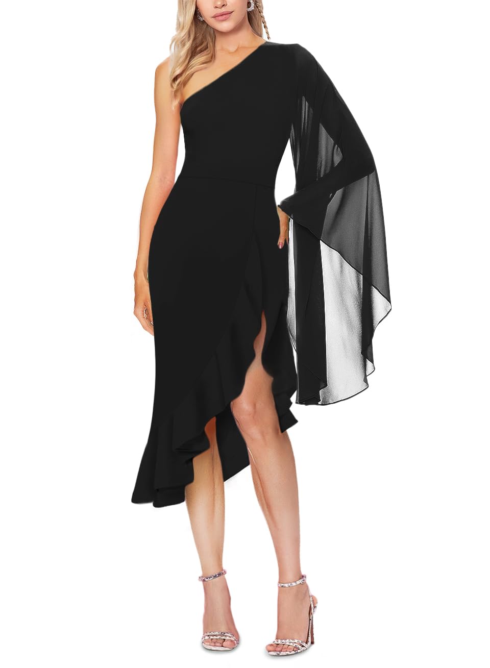 Lrady Women's One Shoulder Formal Dresses 2024 - Bell Sleeve Ruffle High Slit Bodycon Wedding Guest Party Pencil Midi Dress - Perfect for Cocktail Parties, Evening Events & Special Occasions
