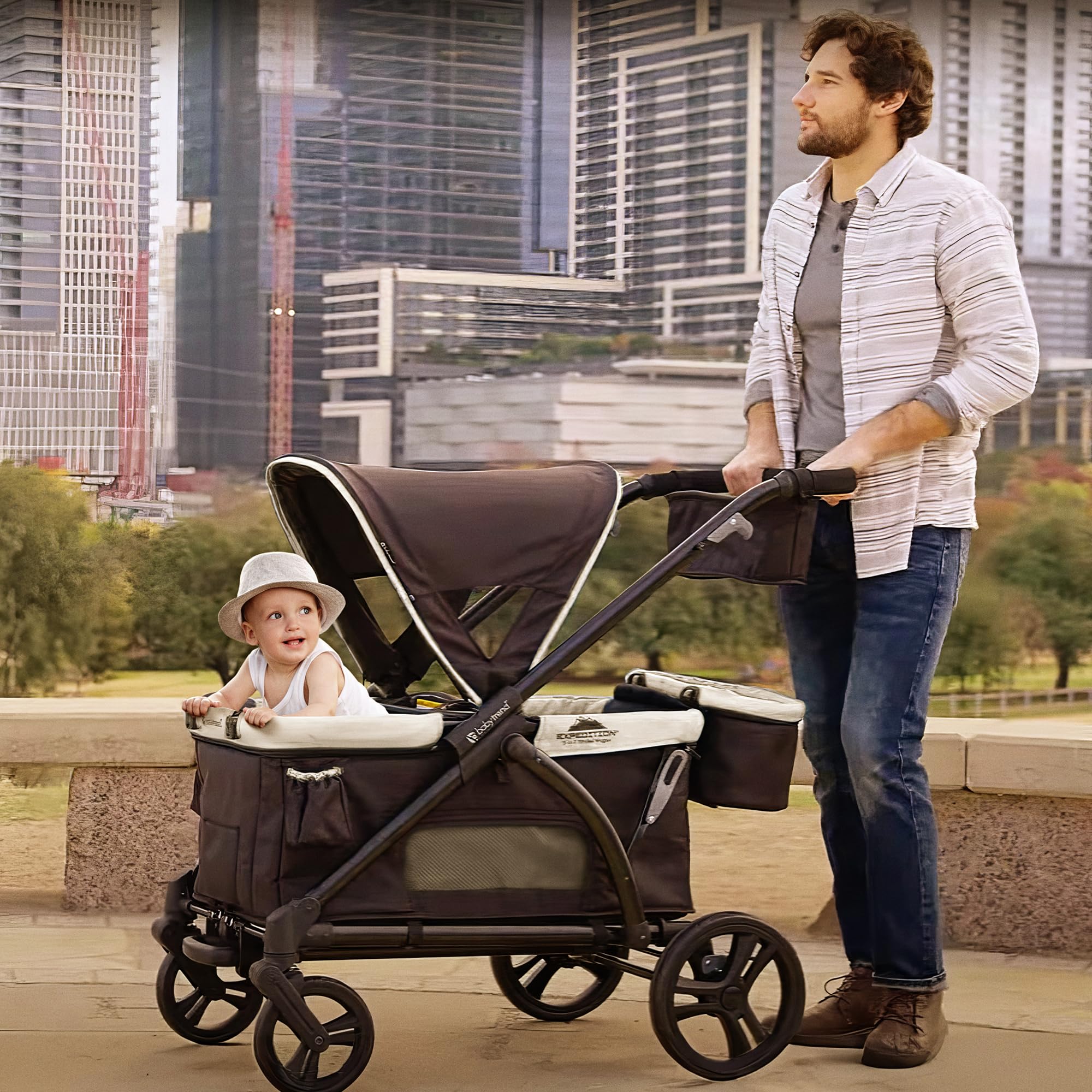 Baby Trend Expedition 2-in-1 Collapsible Stroller Wagon with Canopy & Storage | Foldable Wagon for Kids | Includes Storage Basket, 2 Trays & 6 Bottle Holders | Perfect for Park Outings, Beach Trips & Family Adventures (Modern Khaki)