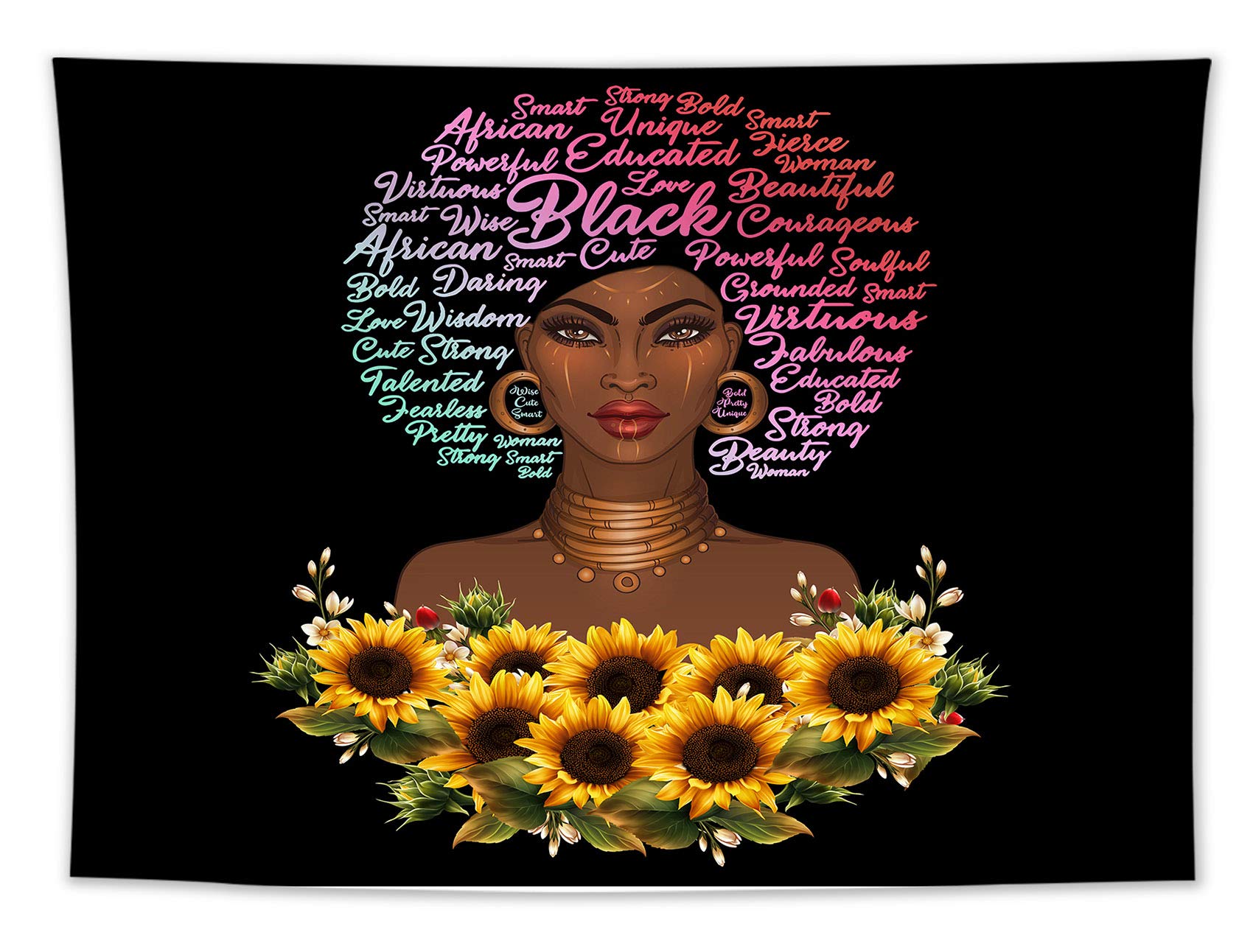 HVEST African American Women Tapestry - Sunflower Afro Black Girl Inspirational Wall Art - 80x60 Inches Black Backdrop Tapestry for Living Room, Girls Bedroom, Teen Dorm, Indie Decor, Home Office, Yoga Studio