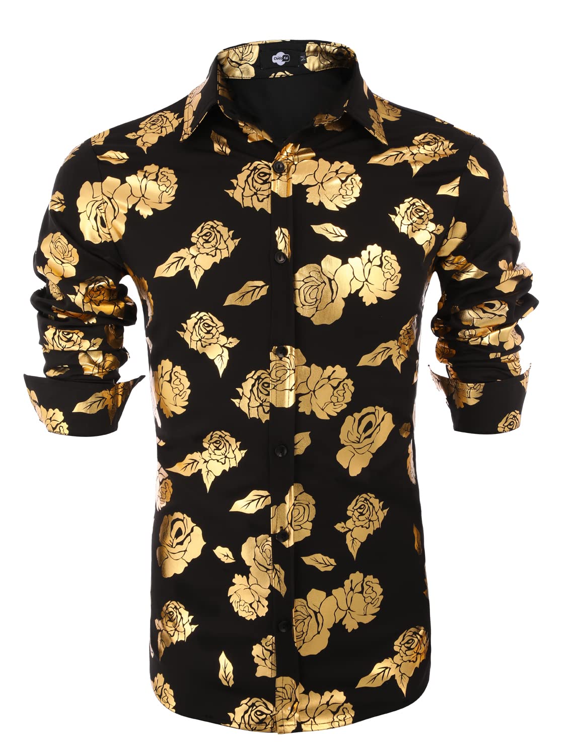 Nine Bull Men's Shiny Gold Rose Floral Print Slim Fit Dress Shirt - Stylish Button Down Club Shirt for Nightlife, Parties, and Casual Wear