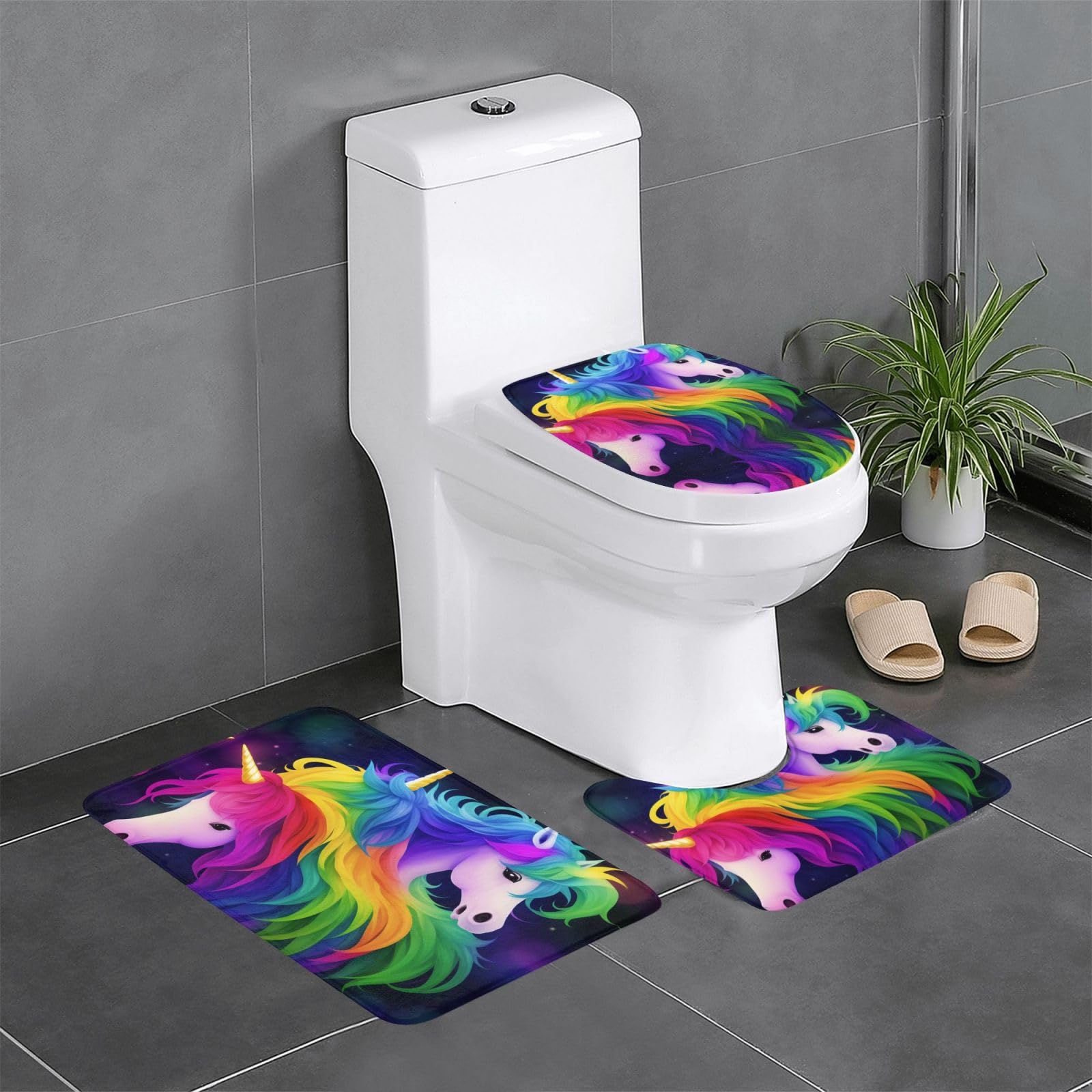 JABNOW 3-Piece Bathroom Rugs Set - Soft Non-Slip Bath Mat, Contour Mat & Toilet Seat Cover - Water Absorbent Shaggy Rugs for Bathtub, Shower & Toilet (Unicorn Color) - Perfect for Bathroom Decor & Safety