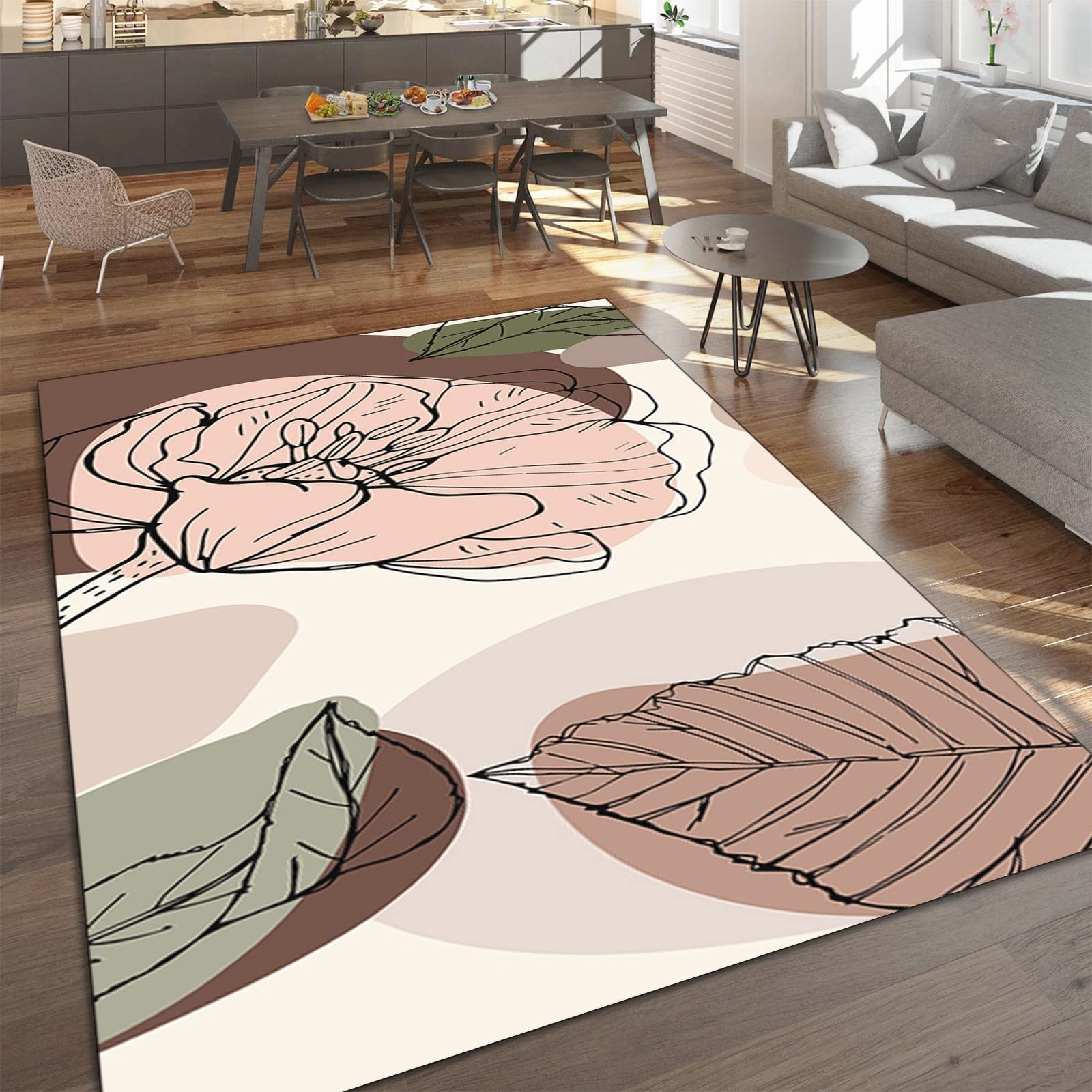 Modern Abstract Line Art Area Rug - Retro Minimalist Floral Design, Soft Washable Non-Slip Rug - 5.3ft x 4ft Home Decor for Living Room, Bedroom, Kitchen, Dining Room & Laundry Room - Perfect for Boho Chic, Scandinavian & Contemporary Interior Styles
