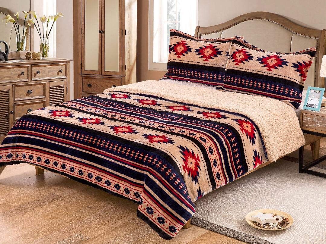 Southwest Plush Sherpa Aztec Navajo Fleece Blanket Set - 3 Piece Queen Size in Navy & Beige | Cozy Winter Bedding for Home, Sofa & Camping | Southwestern Decor Throw Blankets