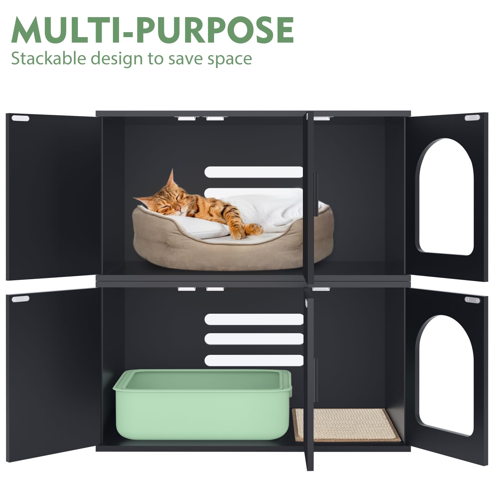 Modern Cat Litter Box Enclosure Furniture - Stylish End Table with Front Entry Cat Door, Stackable Design for Multiple Cats (Black) | Perfect for Living Rooms, Bedrooms & Small Spaces