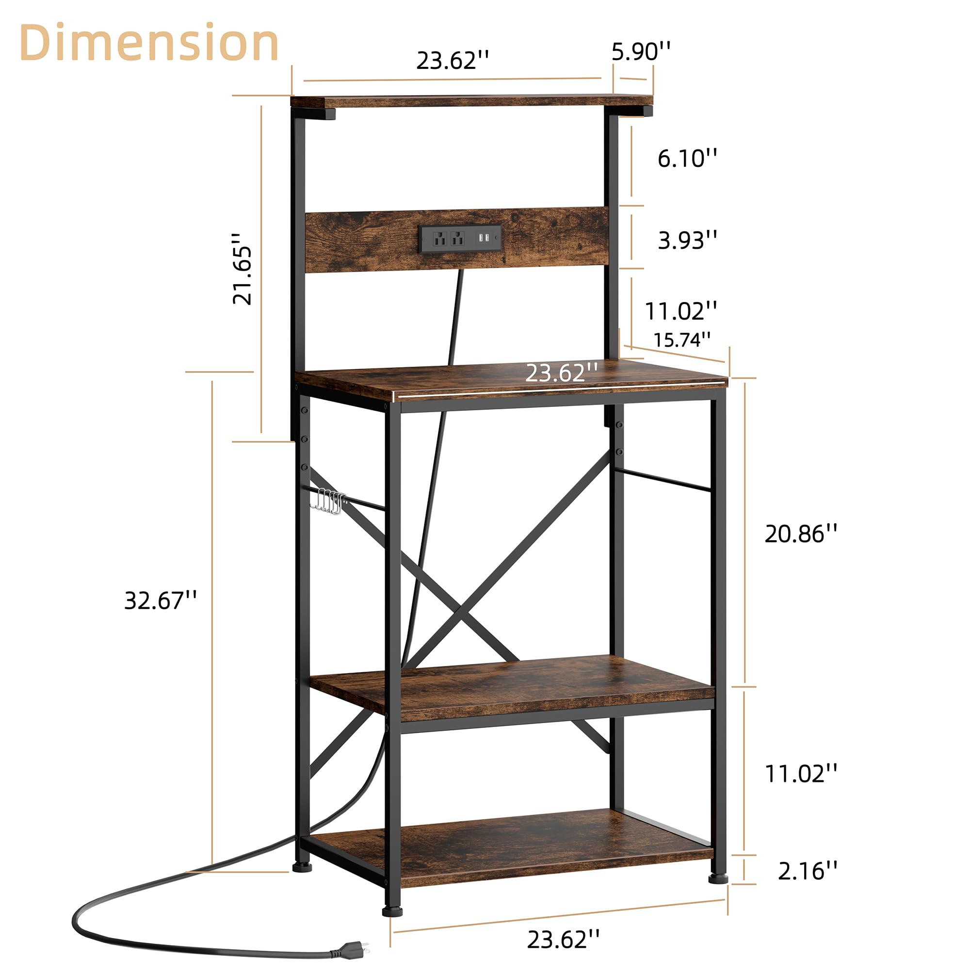 JAMFLY 4-Tier Kitchen Bakers Rack with Power Outlet & 6 S-Hooks - Microwave Stand, Coffee Bar Organizer, Rustic Brown - Perfect for Small Kitchens, Apartments & Coffee Stations