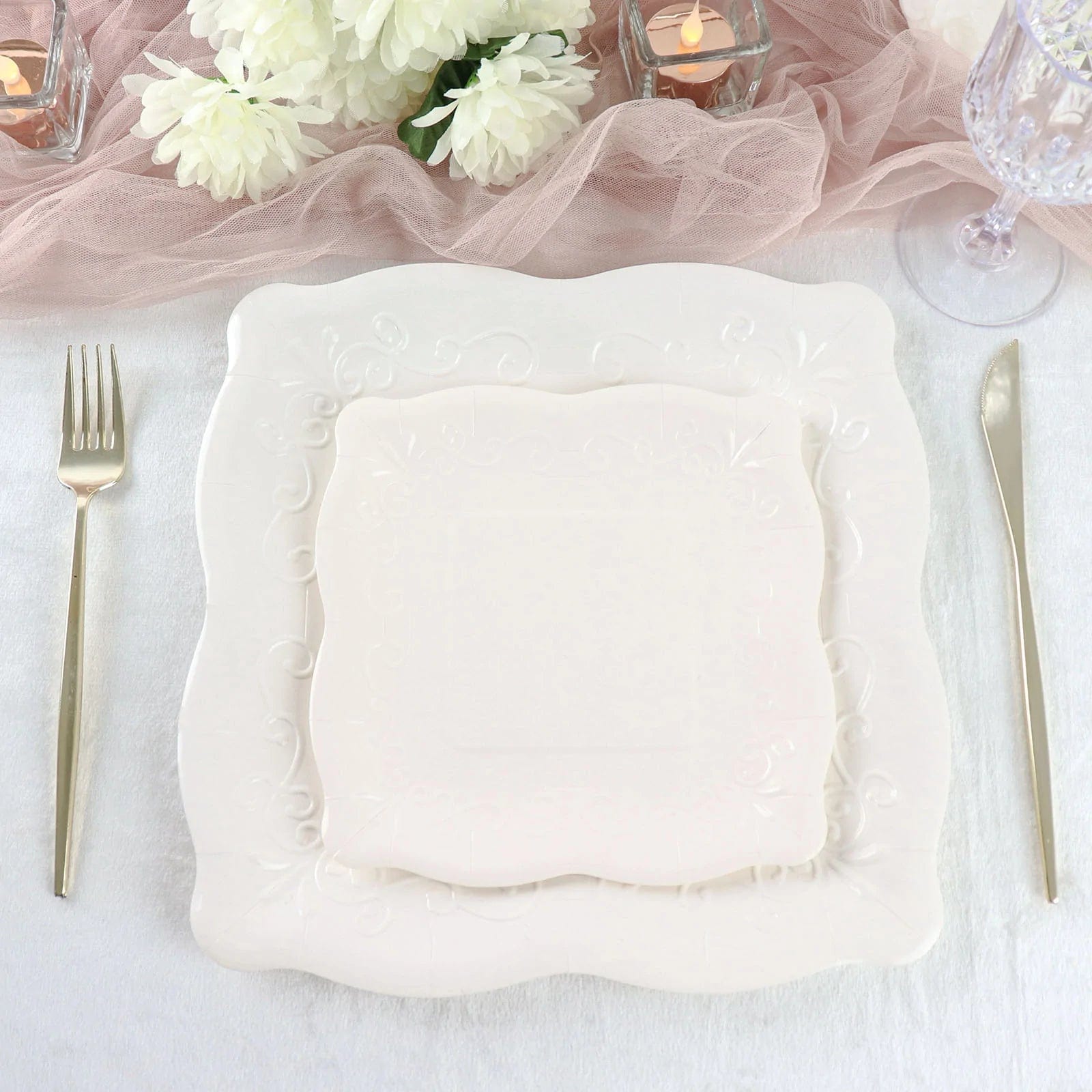 25 Pack Square Disposable Dessert Plates with Elegant Scroll Design - Perfect for Parties, Weddings, and Dinner Events