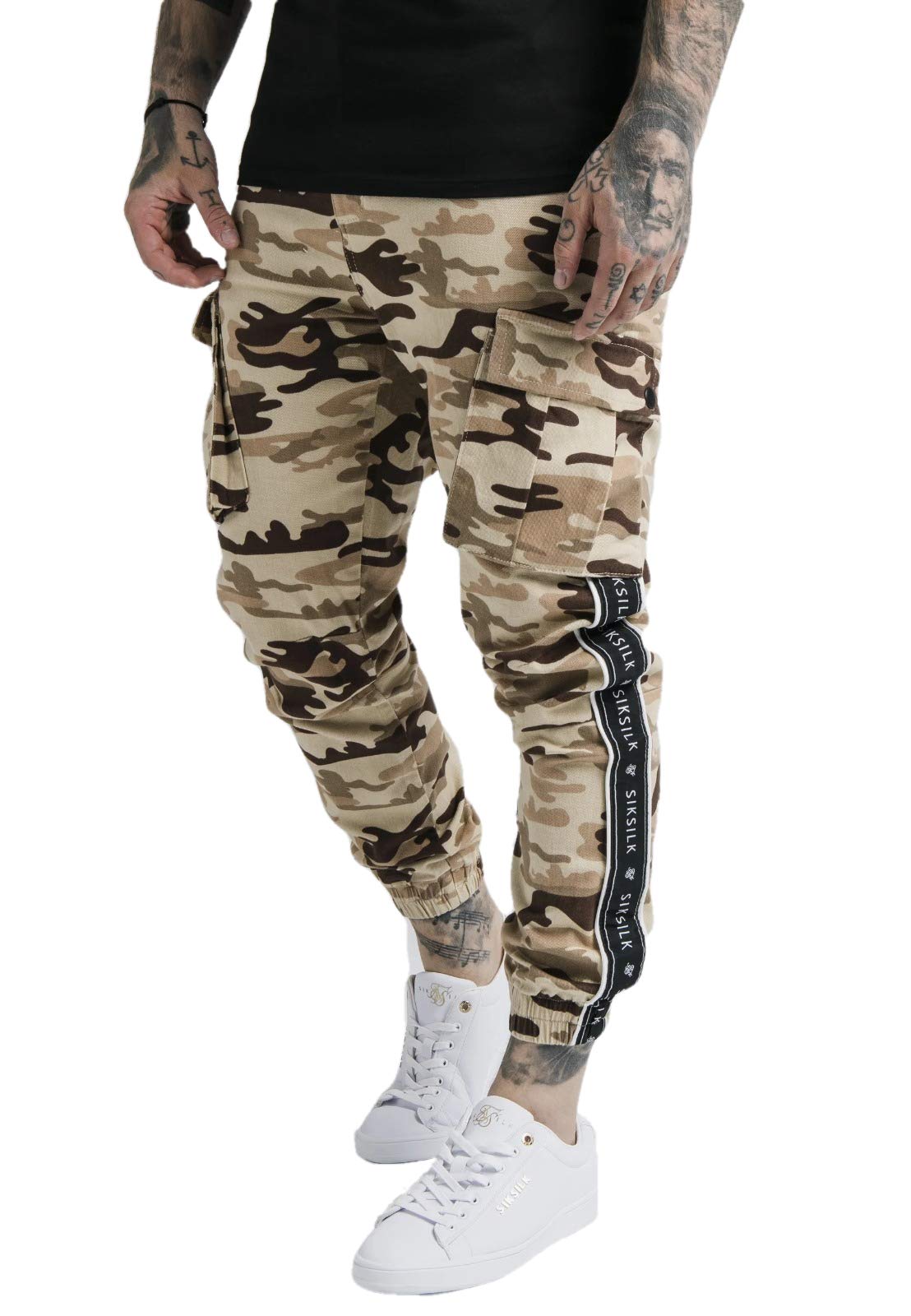 SikSilk Men's Camouflage Cargo Pants with Taped Banding & Cuffed Legs - Stylish Streetwear for Urban Fashion & Outdoor Adventures