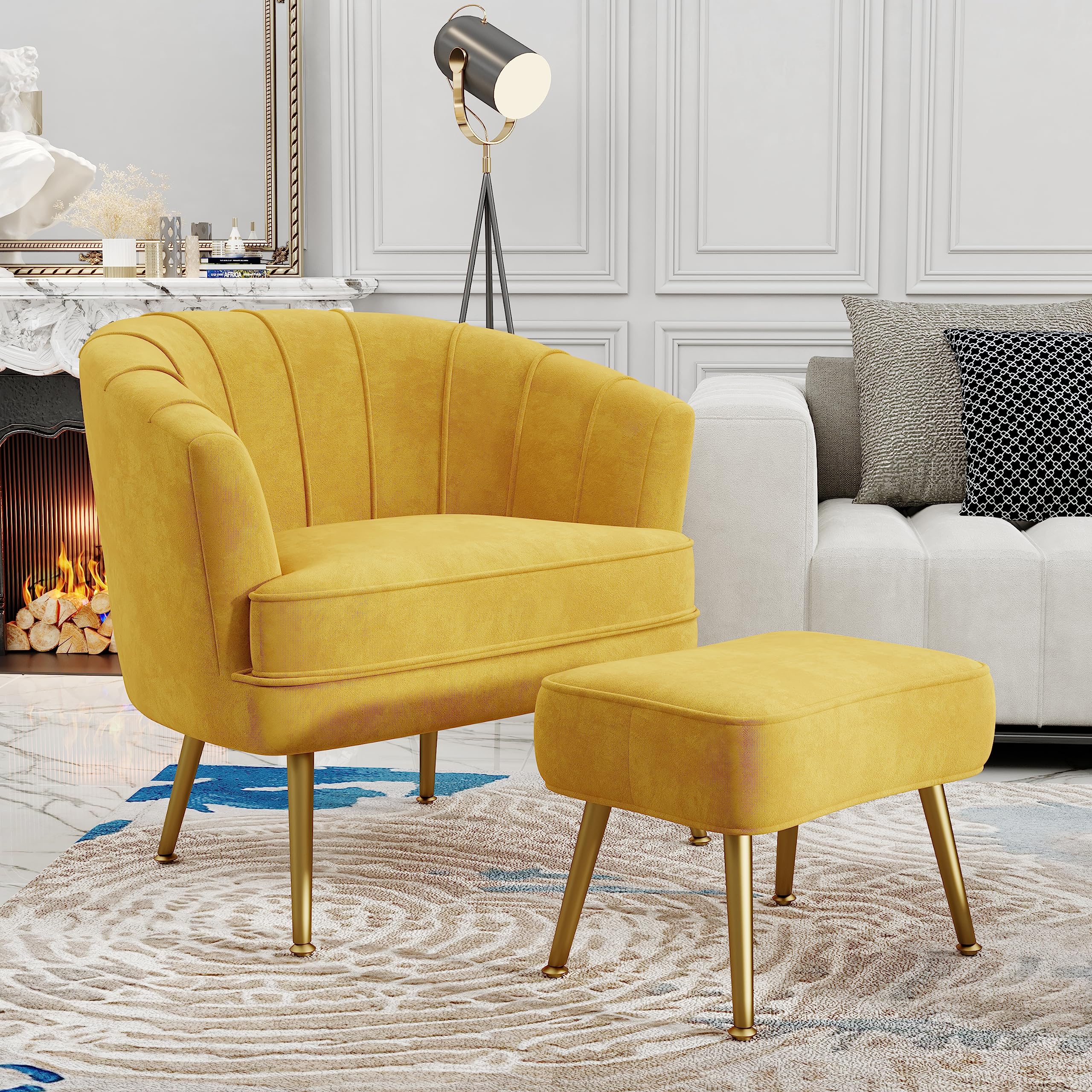 Andeworld Velvet Accent Chair with Ottoman - Modern Upholstered Single Sofa Side Chair, Comfortable Barrel Club Living Room Armchair with Golden Metal Legs - Perfect for Bedroom, Living Room, Reading Nook & Home Office Decor (Yellow)