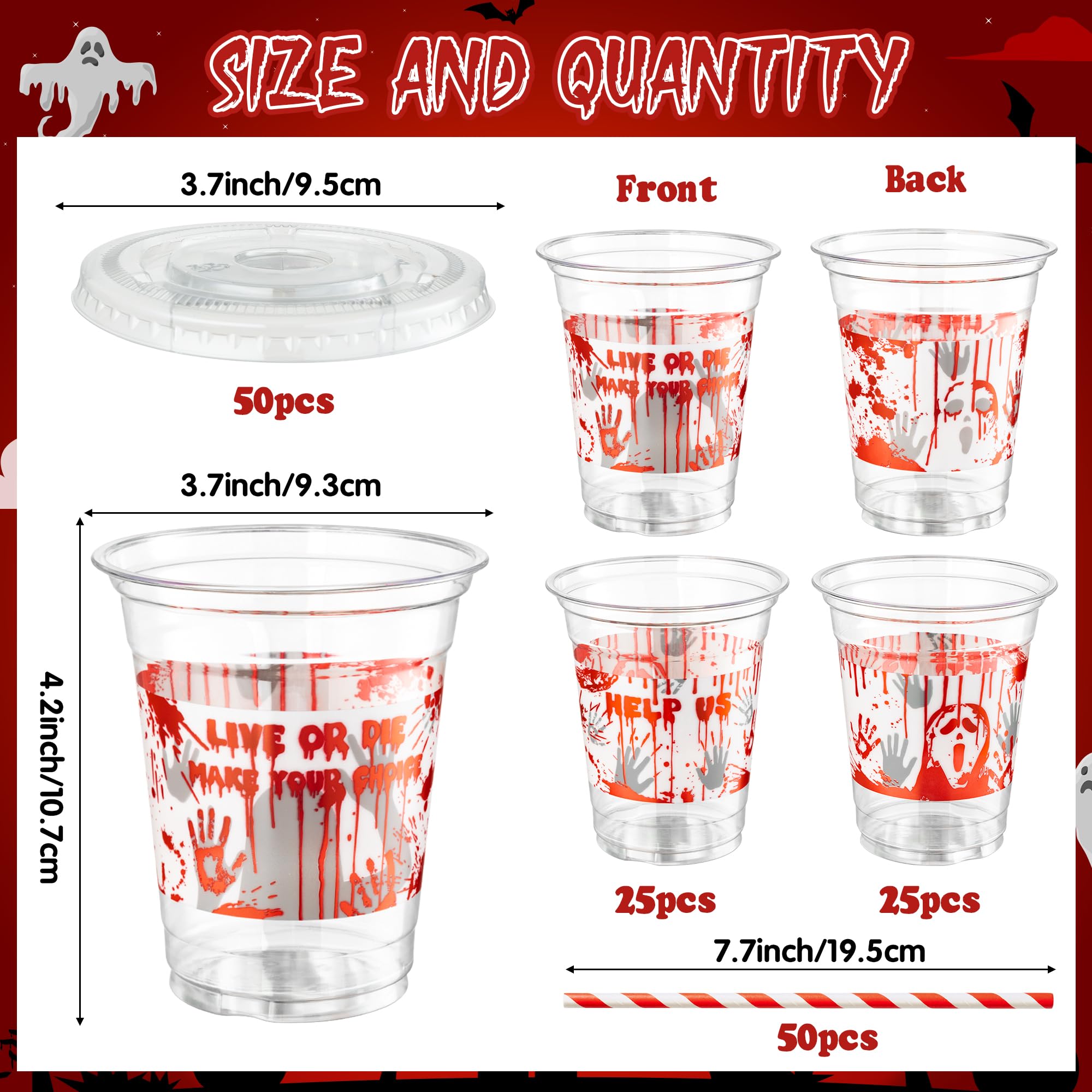 50Pcs Halloween Blood Splatter Plastic Cups - 12 Oz Clear Disposable Cups with Straws & Lids, Scary Zombie Party Supplies for Halloween, Birthday & Horror Themed Events - Perfect for Beverage Serving & Spooky Decorations
