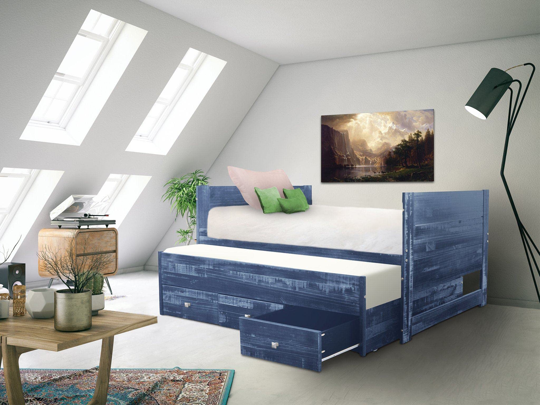 Bedz King All-in-One Twin Bed with Twin Trundle & 3 Built-In Drawers in Weathered Blue - Perfect for Kids' Rooms, Guest Bedrooms & Small Space Living