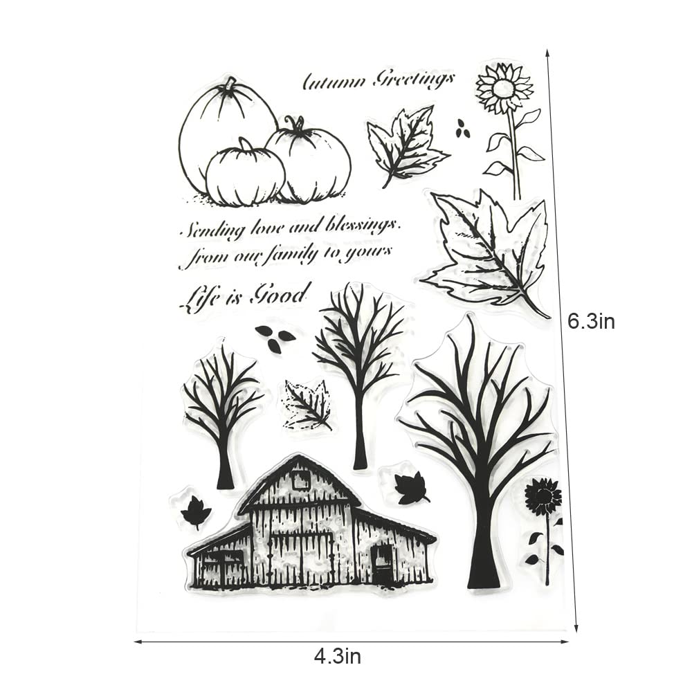4.3×6.3 Inch Fall Pumpkin Wooden House Clear Stamps - Tree Leaves Sunflower Silicone Stamps for Scrapbooking, Card Making, Thanksgiving, Christmas & Birthday Crafts - Perfect for DIY Greeting Cards, Journals, and Home Decor Projects