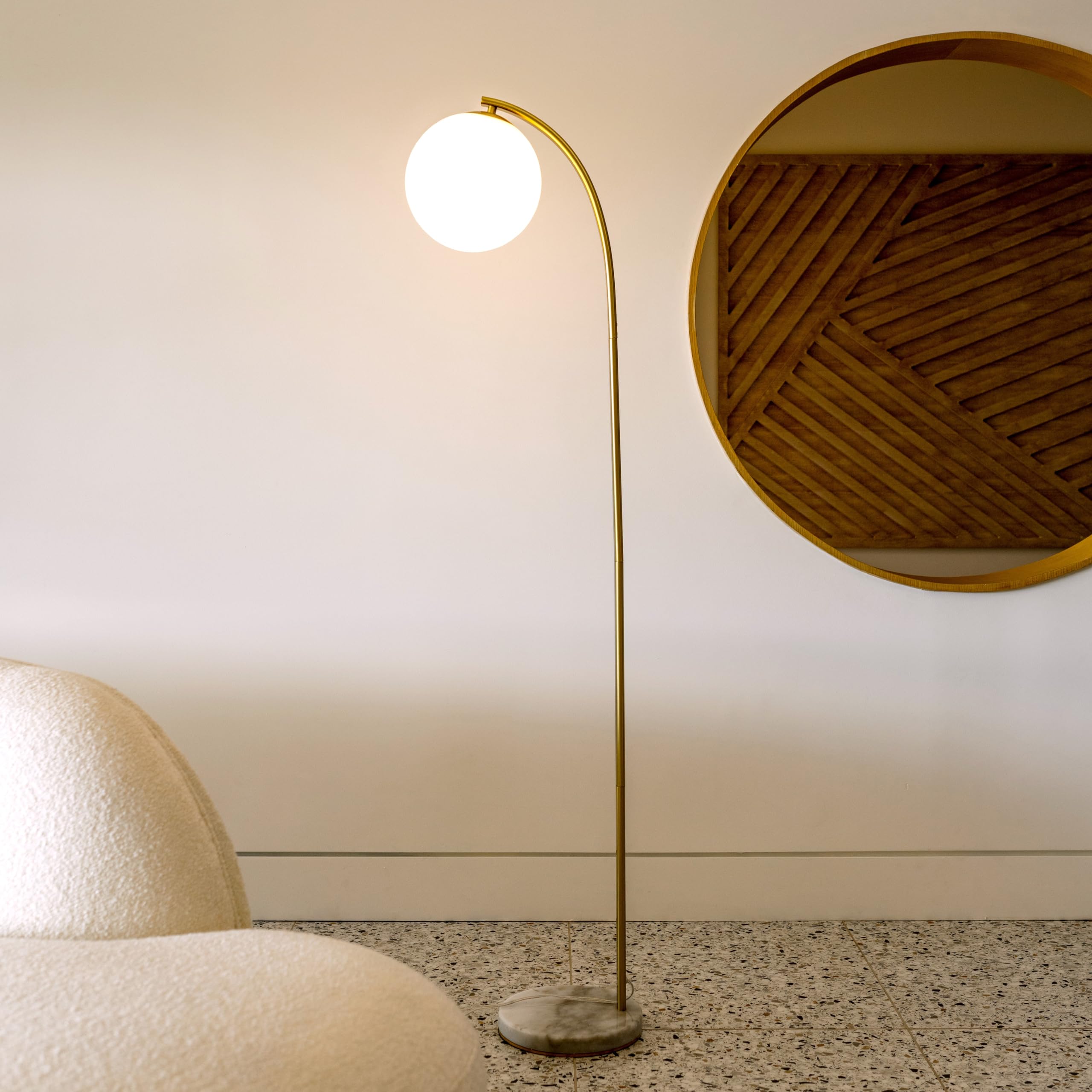 Brightech Luna Drop LED Floor Lamp - Frosted Glass Globe Arcing Standing Light, Mid-Century Modern Living Room Lamp for Bedroom, Office & Reading Nook - Brass Finish - Perfect for Cozy Nights & Boho Rustic Home Decor