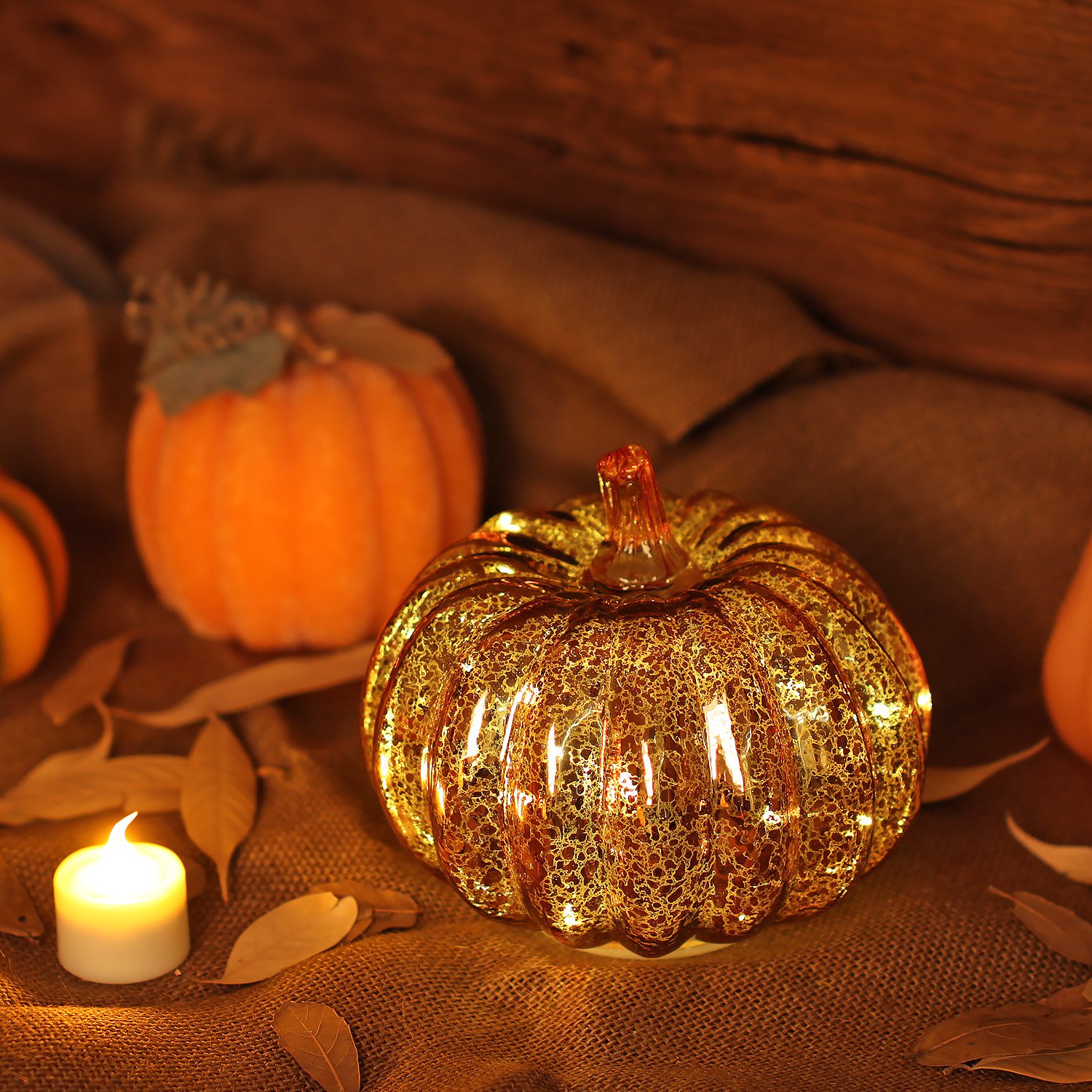 Romingo Gold Mercury Glass Pumpkin Light with Timer - 5.5 Inch Halloween, Fall, Thanksgiving & Christmas Decor - Perfect for Table Centerpieces, Porch Displays, and Seasonal Home Decoration