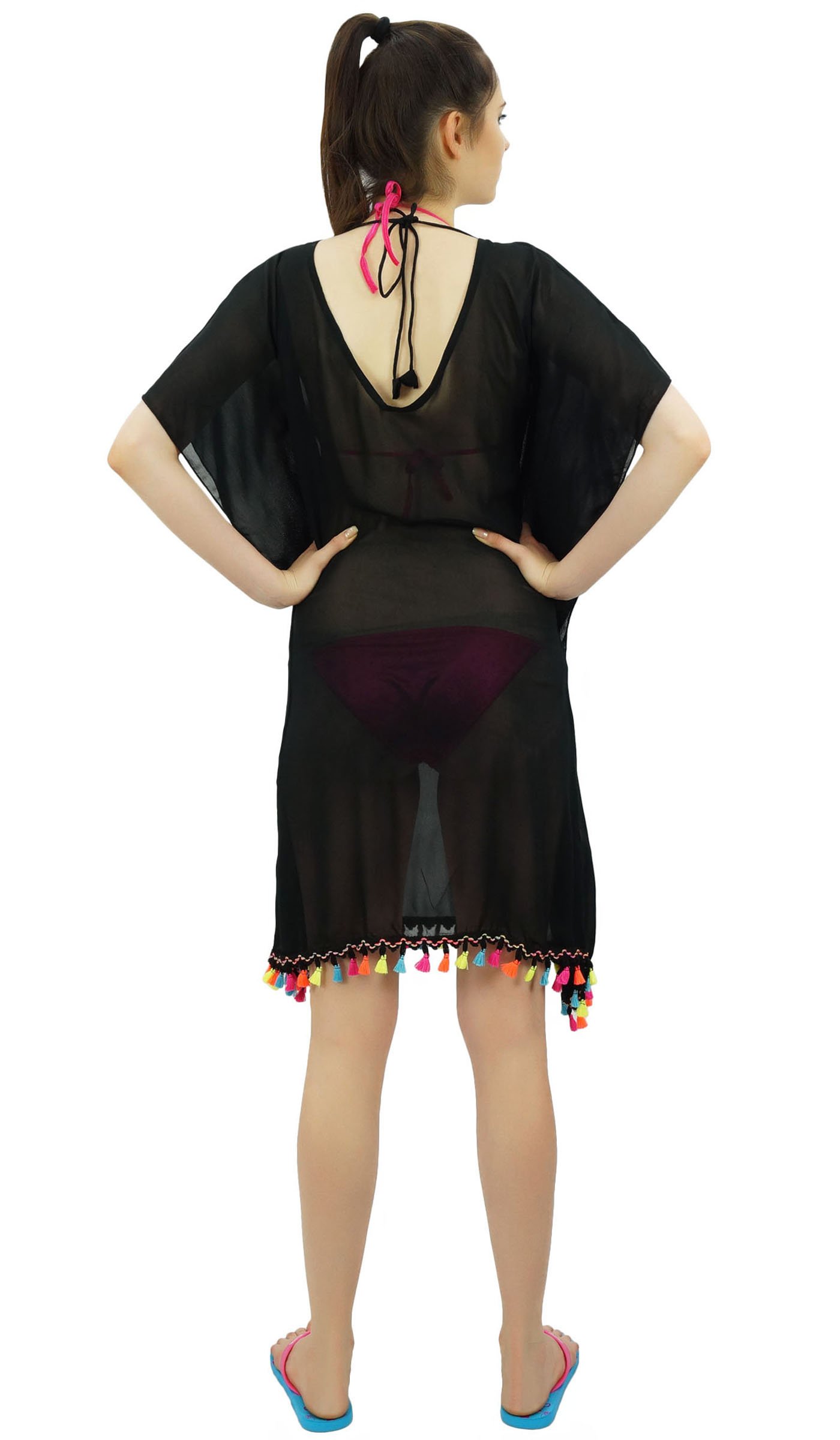 Bimba Sheer Kimono Kaftan - Women's Beach Cover Up with Tassel Details | Lightweight Summer Coverup for Pool, Vacation & Boho Fashion