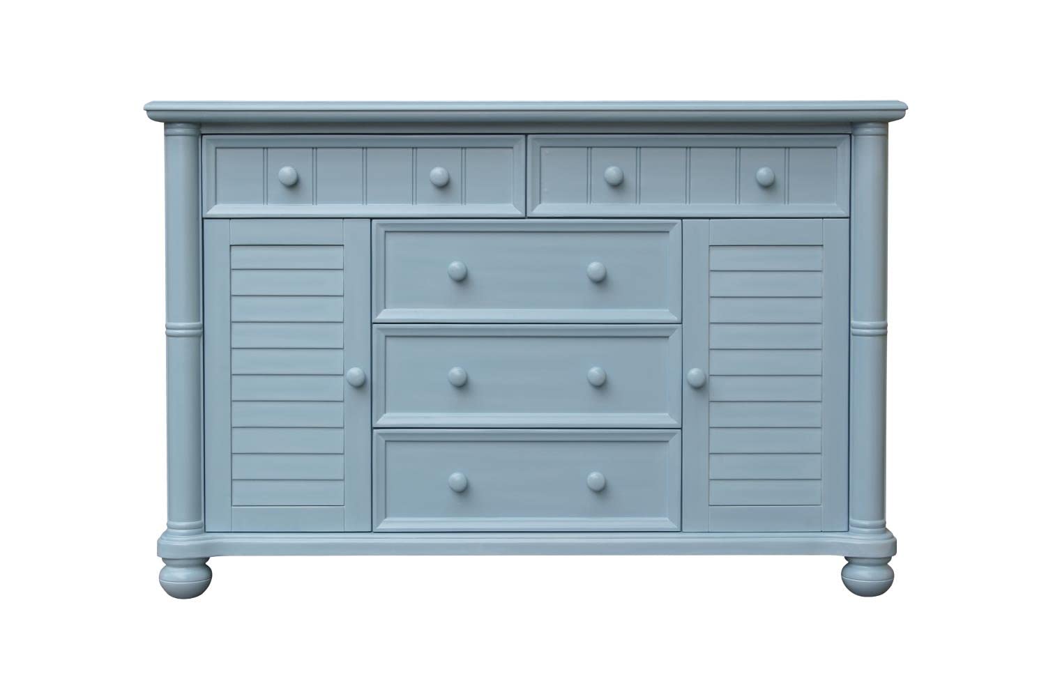 Sunset Trading 5-Drawer Dresser with 2 Storage Cabinets - Fully Assembled Beach Blue Bedroom Furniture for Coastal Decor & Home Organization